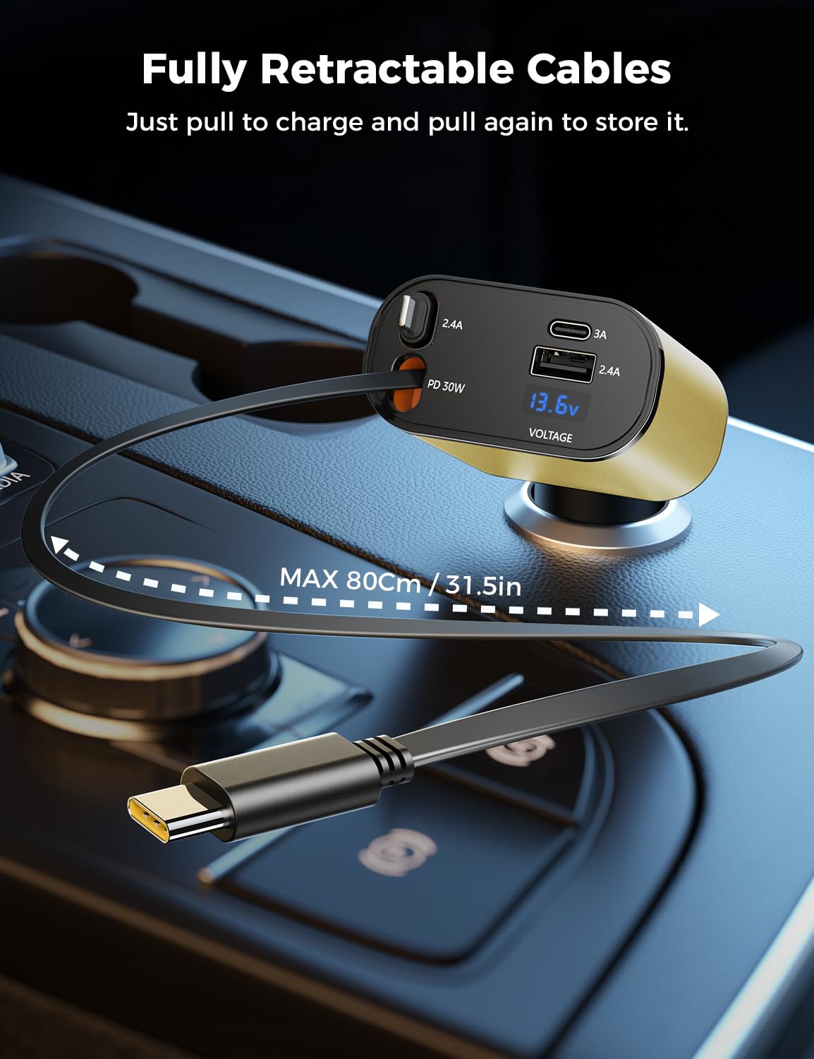 【Upgraded】 SUPERONE Retractable Car Charger 4 in 1, Fast Car Phone Charger with Cord 2.6ft, USB C and Apple Car Adapter, Compatible with iPhone 16 15/15 Pro Max/14/13/12/11, Galaxy, Pixel