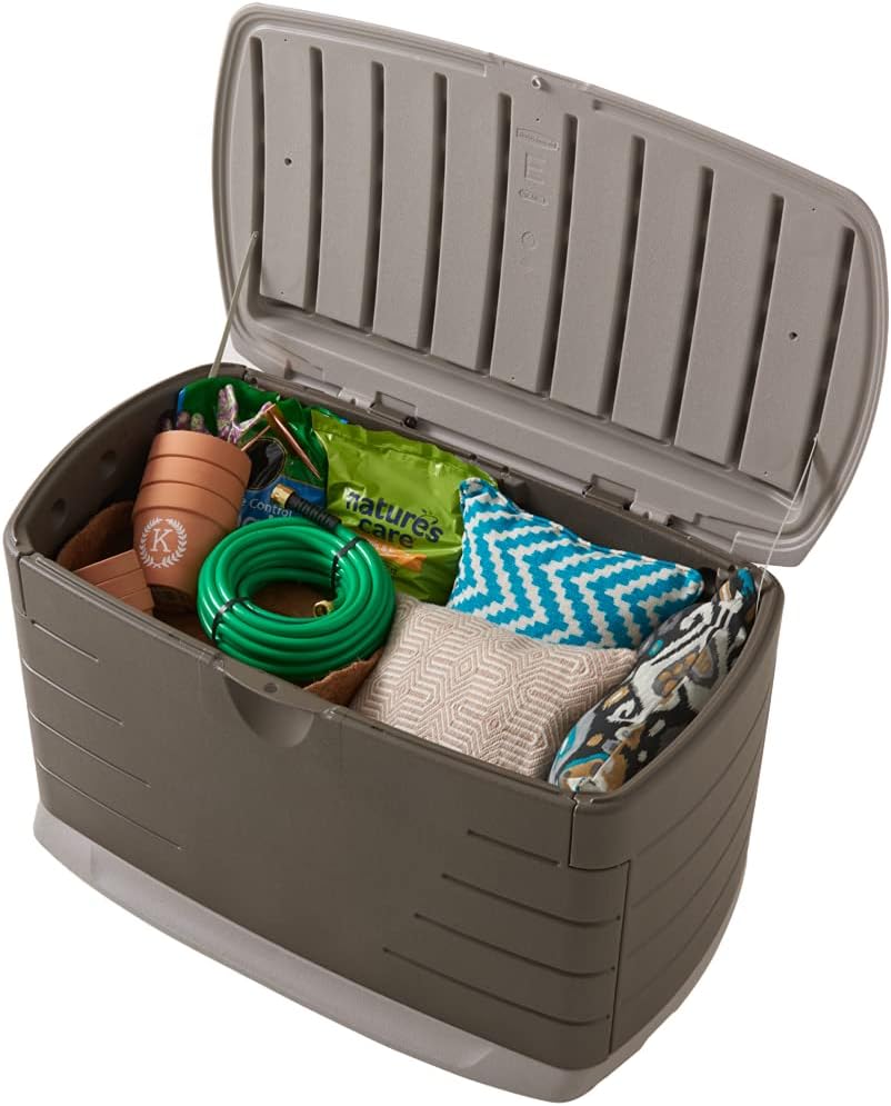 Rubbermaid Extra Large Resin Outdoor Storage Deck Box with Seat (120 Gal), Weather Resistant, Brown, Deck Organization for Home/Backyard/Pool Chemicals/Toys/Garden Tools/Porch/Patio Cushions