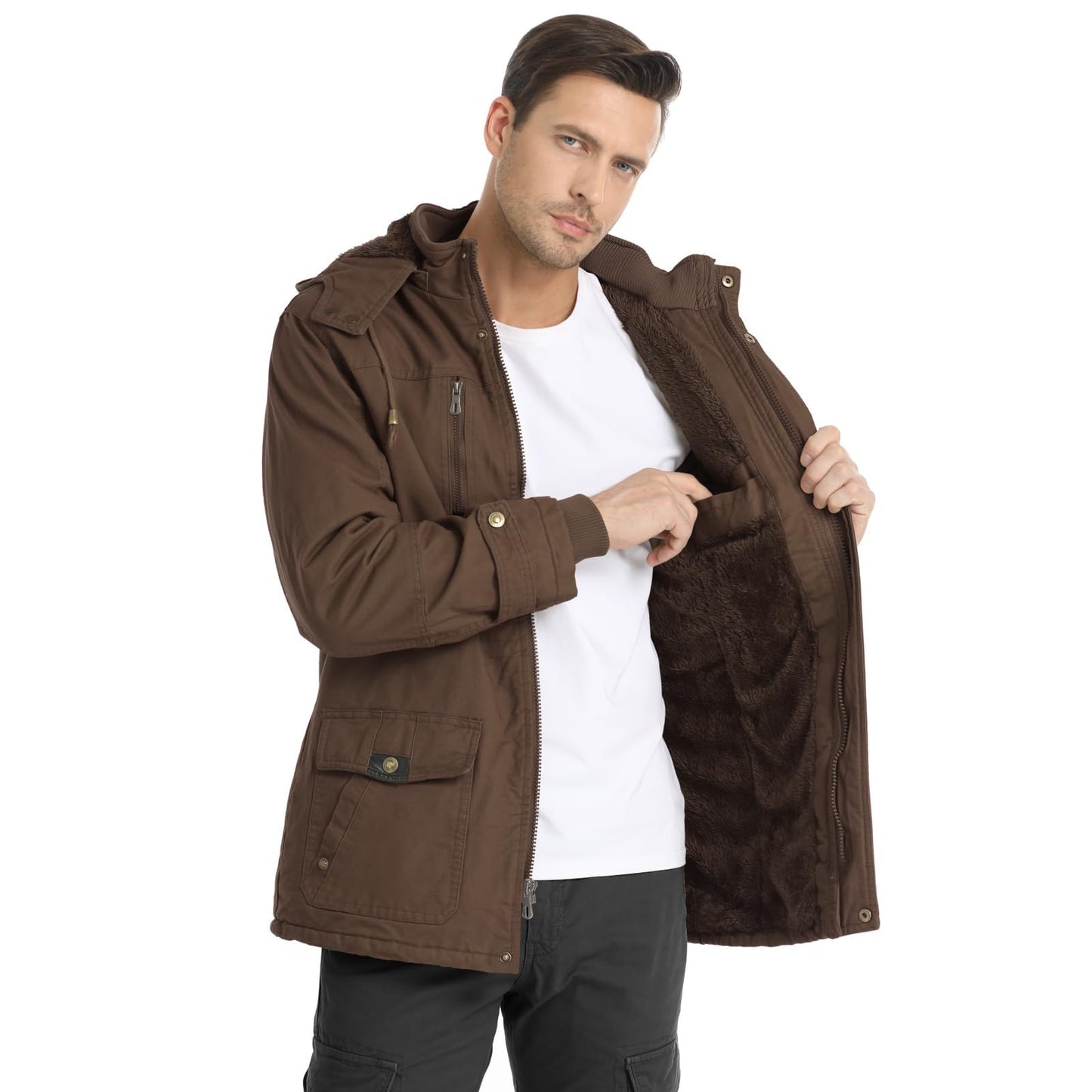 CHEXPEL Men's Thick Winter Jackets with Hood, Fleece Lining, Cotton Military Work Jackets with Cargo Pockets, Outwear