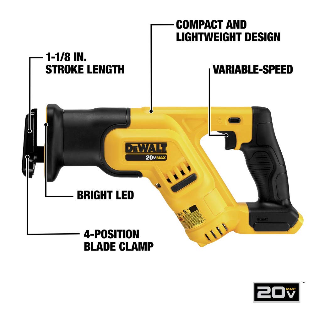DEWALT 20V MAX Reciprocating Saw, 3,000 Strokes Per Minute, Variable Speed Trigger, Bare Tool Only (DCS380B)