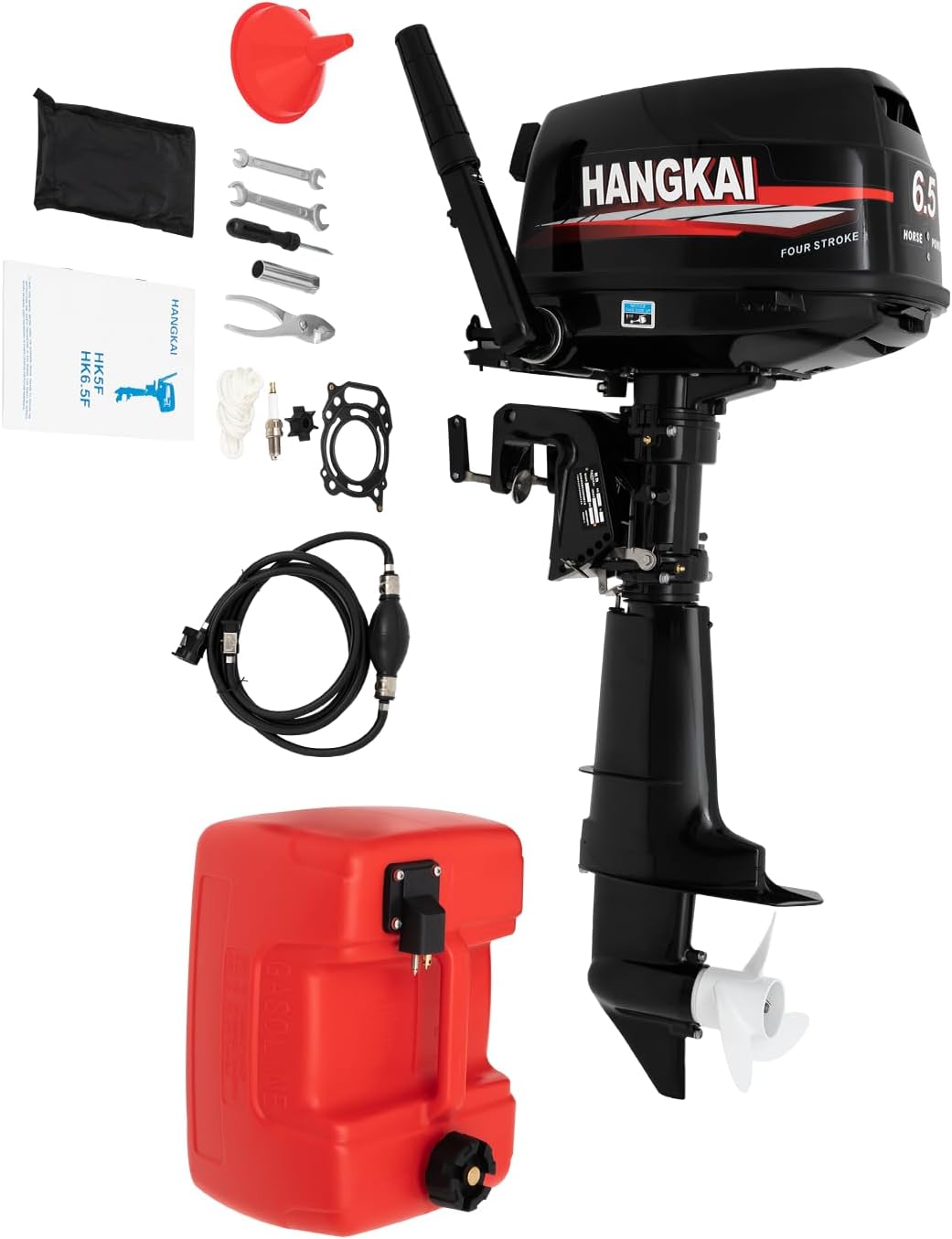 4-Stroke HANGKAI 6.5HP Outboard Motor Gas Powered, 123CC Fishing Boat Engine Outboard Motor Engine for Inflatable Boat Kayak Canoe Sailboat 5000-6000r/Min