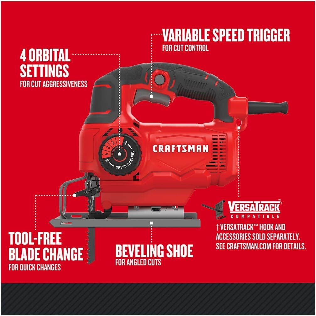 CRAFTSMAN Jig Saw, 4 Orbital Settings, Up to 3,000 SPM, 5 Amp, Corded (CMES610)