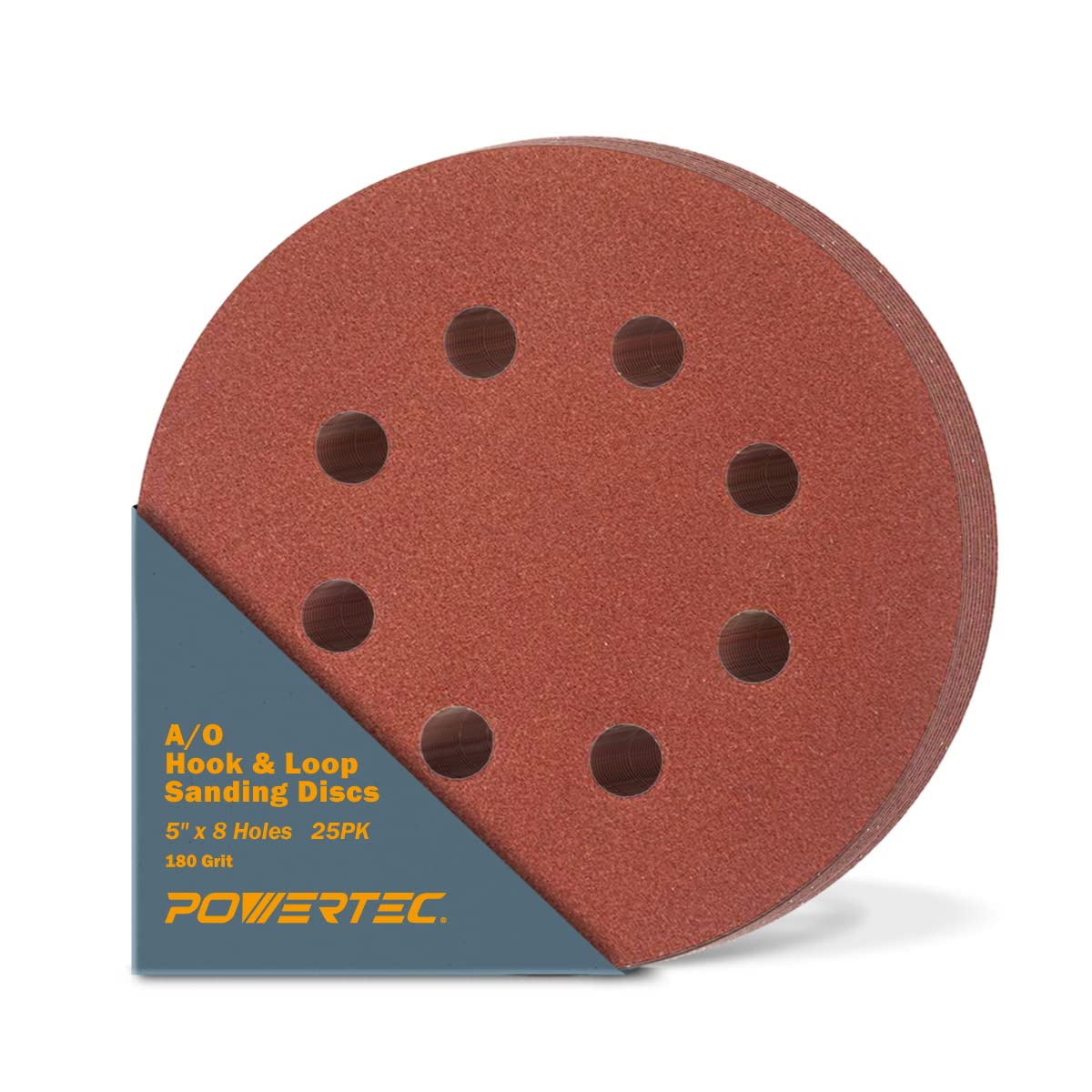 POWERTEC 100PK, 40/80/120/220/320 Grits, 5 Inch 8 Hole Hook and Loop Sanding Discs, Aluminum Oxide Sandpaper Discs, Woodworking Sanding Pads for Random Orbital, Palm, Air & Pneumatic Sander (45000)