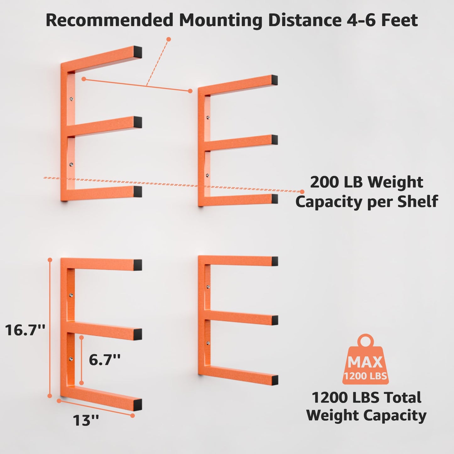 YYR Wood Organizer and Lumber Storage Rack Wall Mount, Heavy Duty Metal Shelf with 6-Level Holds Up 1200 LBS, Indoor & Outdoor Use - Orange