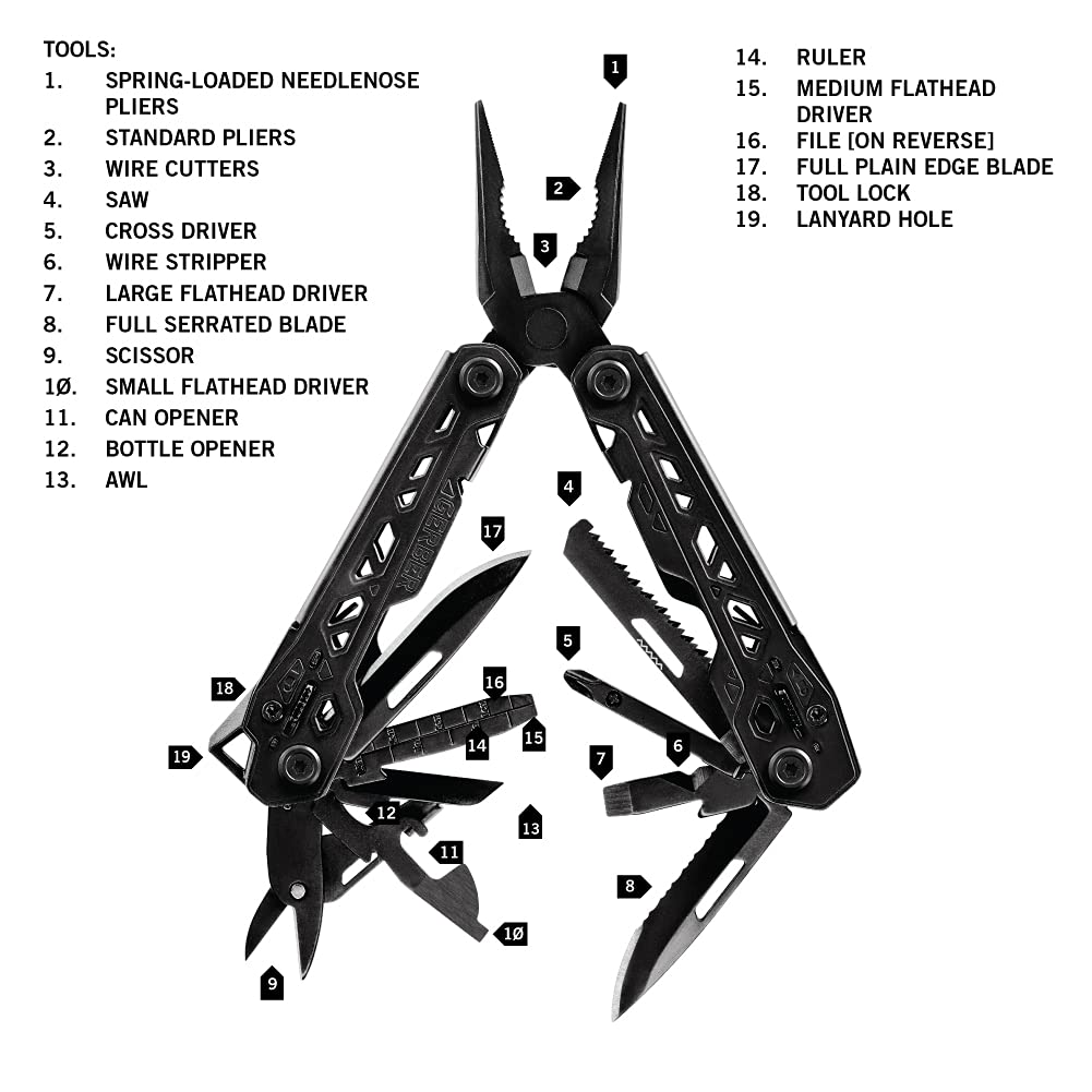 Gerber Gear Truss 17-in-1 EDC Needle Nose Pliers Multi tool - includes Pocket Knife, Screwdriver, and Bottle Opener Accessories - Gifts for Men, Fishing and Camping Gear - Gray with Standard Sheath