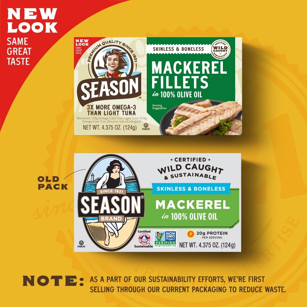 Season Mackerel in Water - Skinless & Boneless, No Salt Added, Wild Caught, Keto Snacks, Canned Mackerel Fillets, Full of Vitamins, Low in Mercury, Kosher, Non-GMO, 20g of Protein - 4.37 Oz, 12-Pack