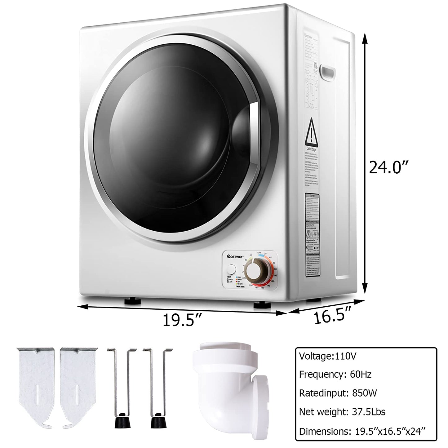 COSTWAY GYJ25-78 110V Electric Portable Clothes Stainless Steel Tub Laundry Dryer, for 4 Automatic Drying Mode, White