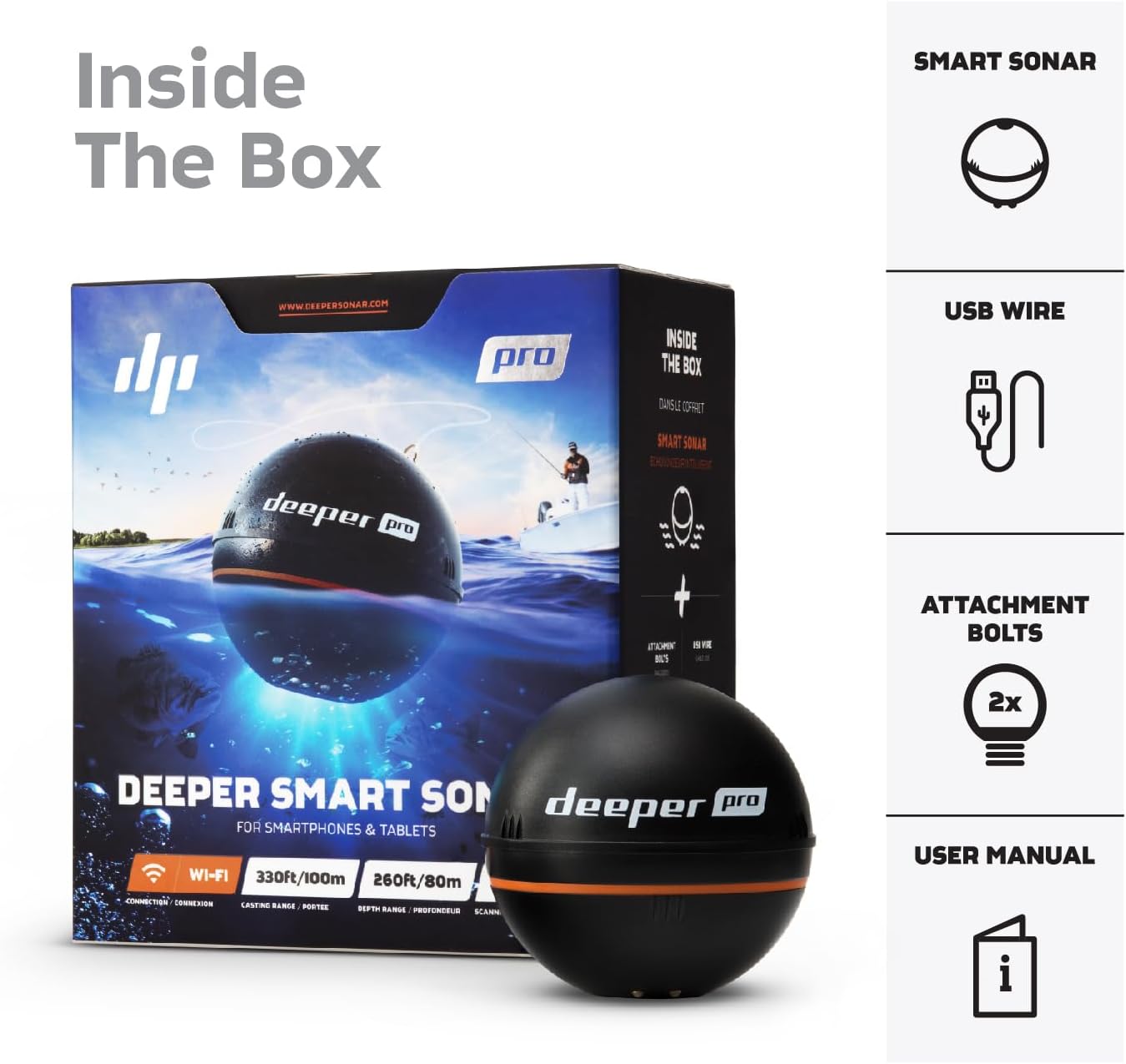 Deeper PRO Smart Sonar Fish Finder Bundle – Castable Wi-Fi Fish Finder with Smartphone Mount for Fishing Rod | Portable Depth Finder for Bank, Boat, Kayak, Ice Fishing | GPS Mapping & App Compatible