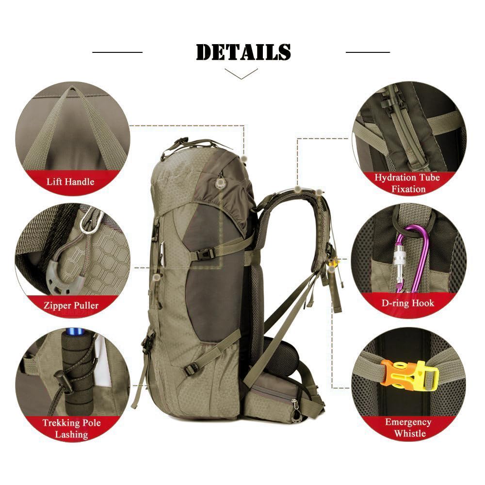 Bseash 60L Waterproof Hiking Camping Backpack with Rain Cover, Large Outdoor Sport Travel Daypack Rucksack for Climbing