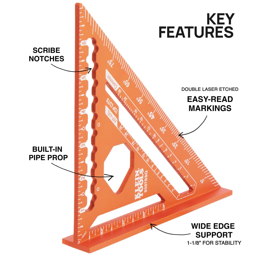 Klein Tools 935FSQ Framing Square, 24-Inch x 16-Inch, L Shape Carpenter Woodworking Tool with Laser Etched Rafter Tables and Octagon Scales