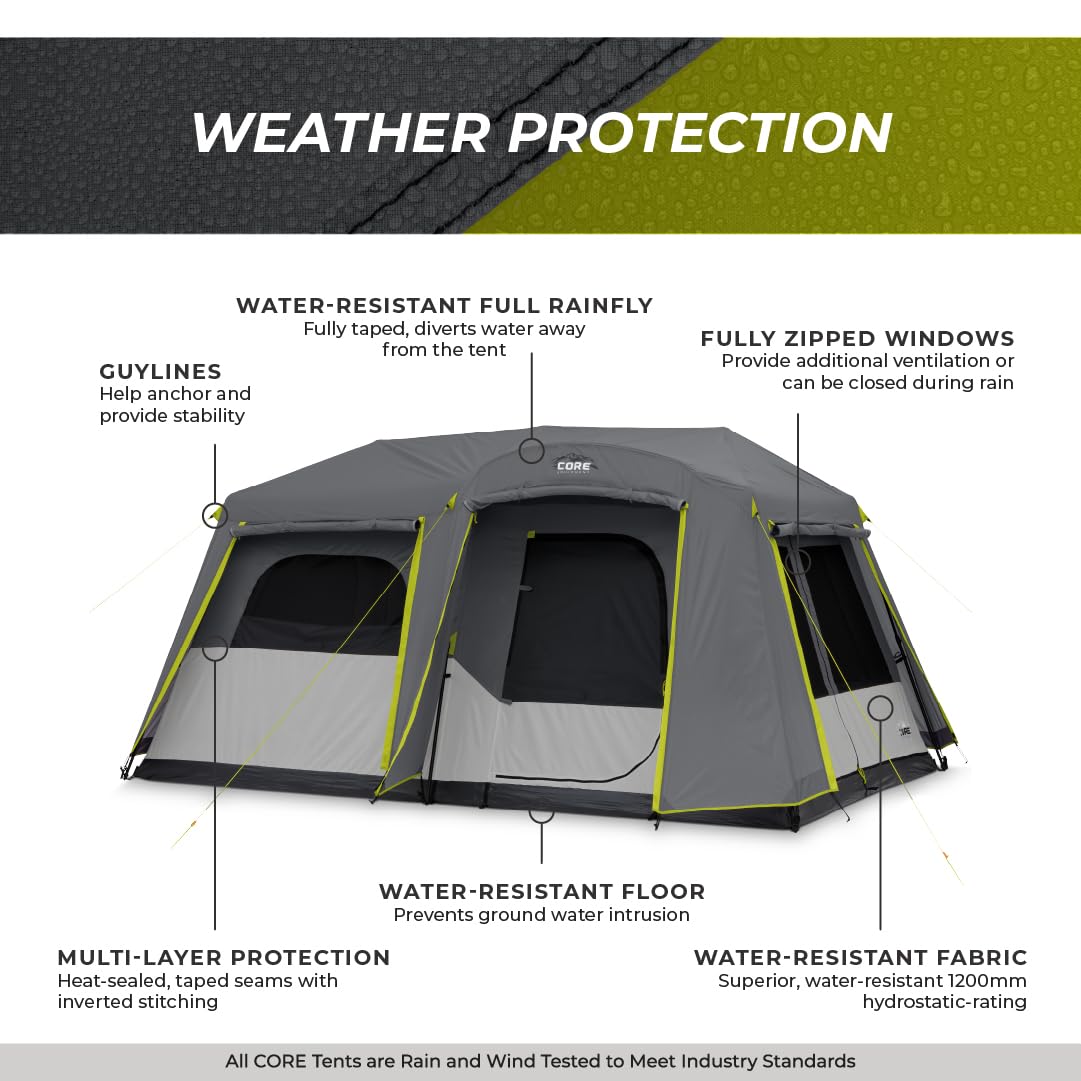 CORE Instant Cabin Tents | 6 Person / 9 Person / 10 Person / 12 Person Family Cabin Multi Room Pop Up Tents Car Camping | Included Storage Pockets for Camping Accessories