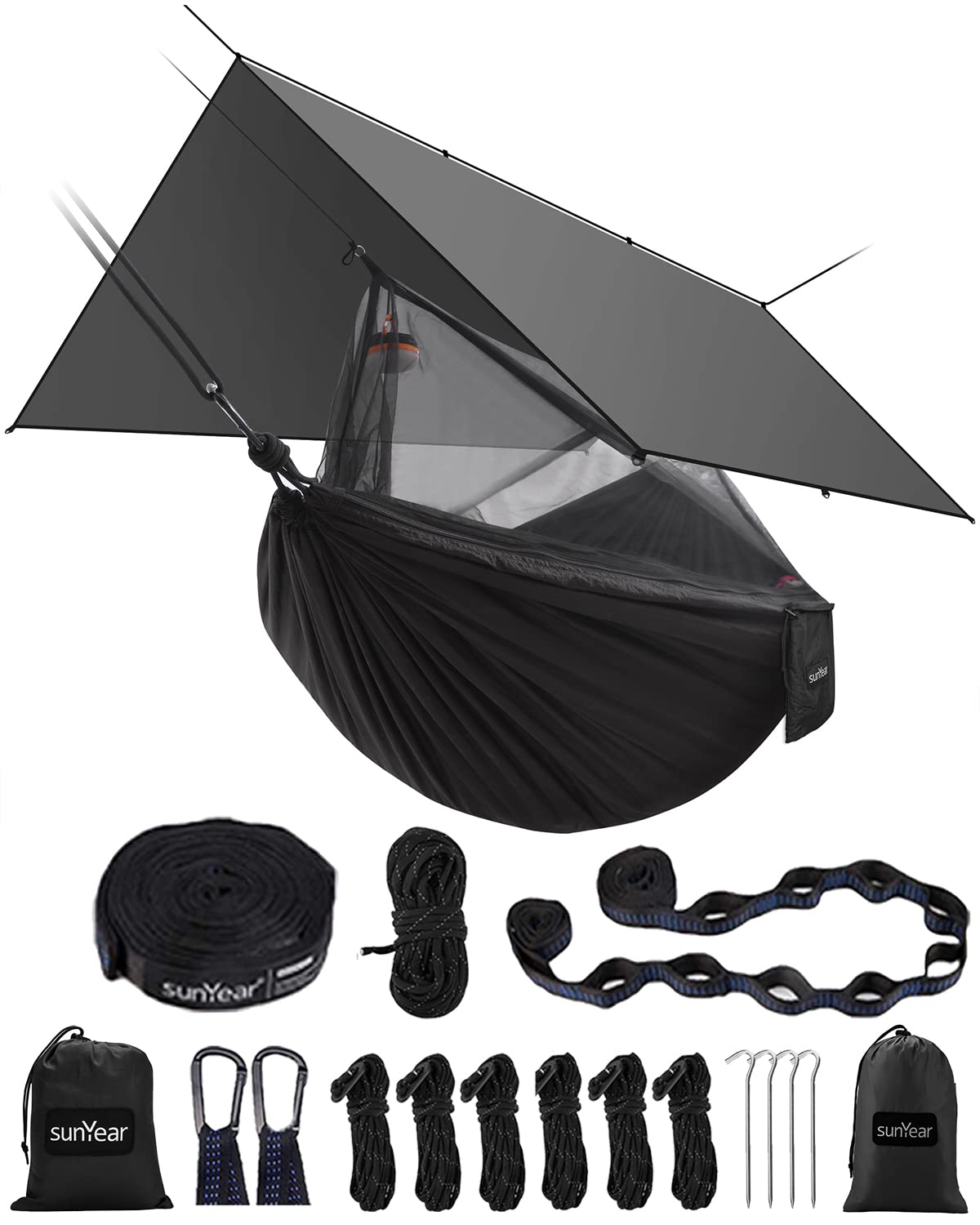 Sunyear Hammock Camping with Rain Fly Tarp and Net, Portable Camping Hammock Double Tree Hammock Outdoor Indoor Backpacking Travel & Survival, 2 Tree Straps,100% Waterproof