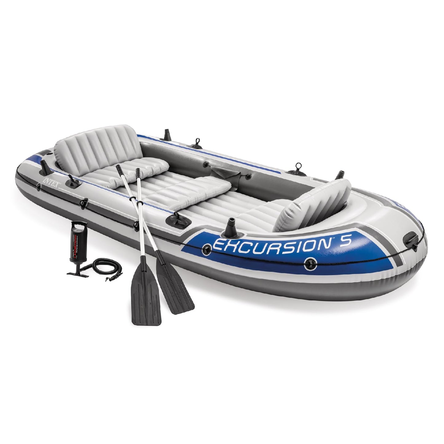 INTEX Excursion Inflatable Boat Series: Includes Deluxe 54in Boat Oars and High-Output Pump – SuperTough PVC – Adjustable Seats with Backrest – Fishing Rod Holders – Welded Oar Locks