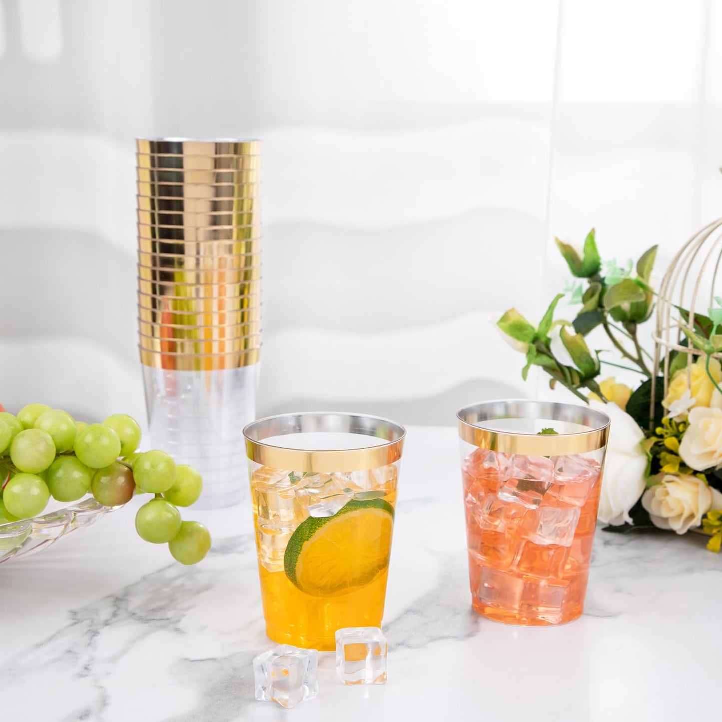 I00000 200 Pack Gold Plastic Cups, 9 Oz Elegant Clear Plastic Cups Gold Rimmed Disposable Wine Glasses Fancy Disposable Party Cups Wedding Cups Drinking Tumblers Plastic Cocktail Glasses with Gold Rim