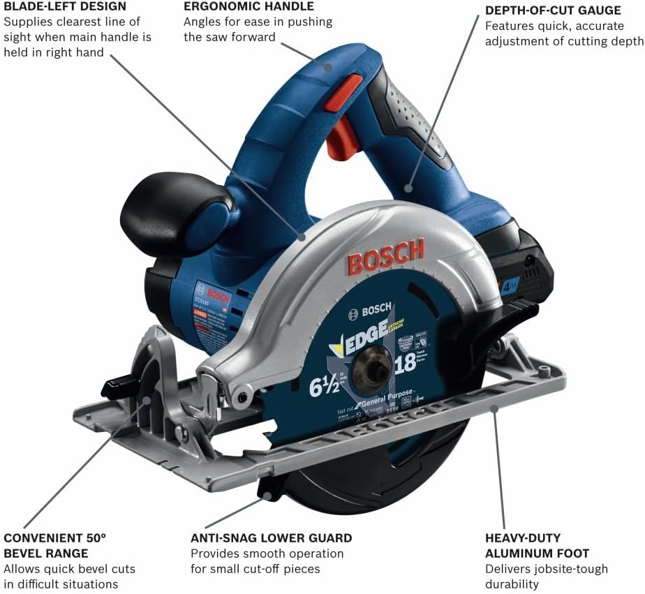 BOSCH GXL18V-497B23 18V 4-Tool Combo Kit with 2-In-1 1/4 In. and 1/2 In. Bit/Socket Impact Driver, 1/2 In. Hammer Drill/Driver, Circular Saw, Worklight with (1) CORE18V 4 Ah Battery & (1) 2 Ah Battery