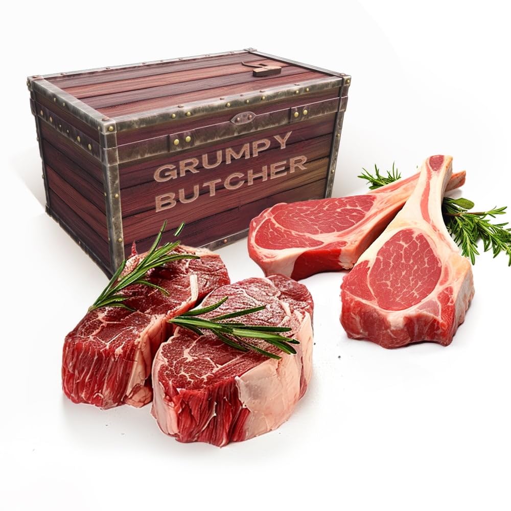 Grumpy Butcher Box Meat Food Gifts: 2 Top Sirloins Steaks (6 oz), 2 Duroc Bone in Pork Chops (14 oz) & 2 Cheese Stuffed Chicken Breasts Wrapped in Bacon (8 oz) - Gourmet Gift Basket for Men