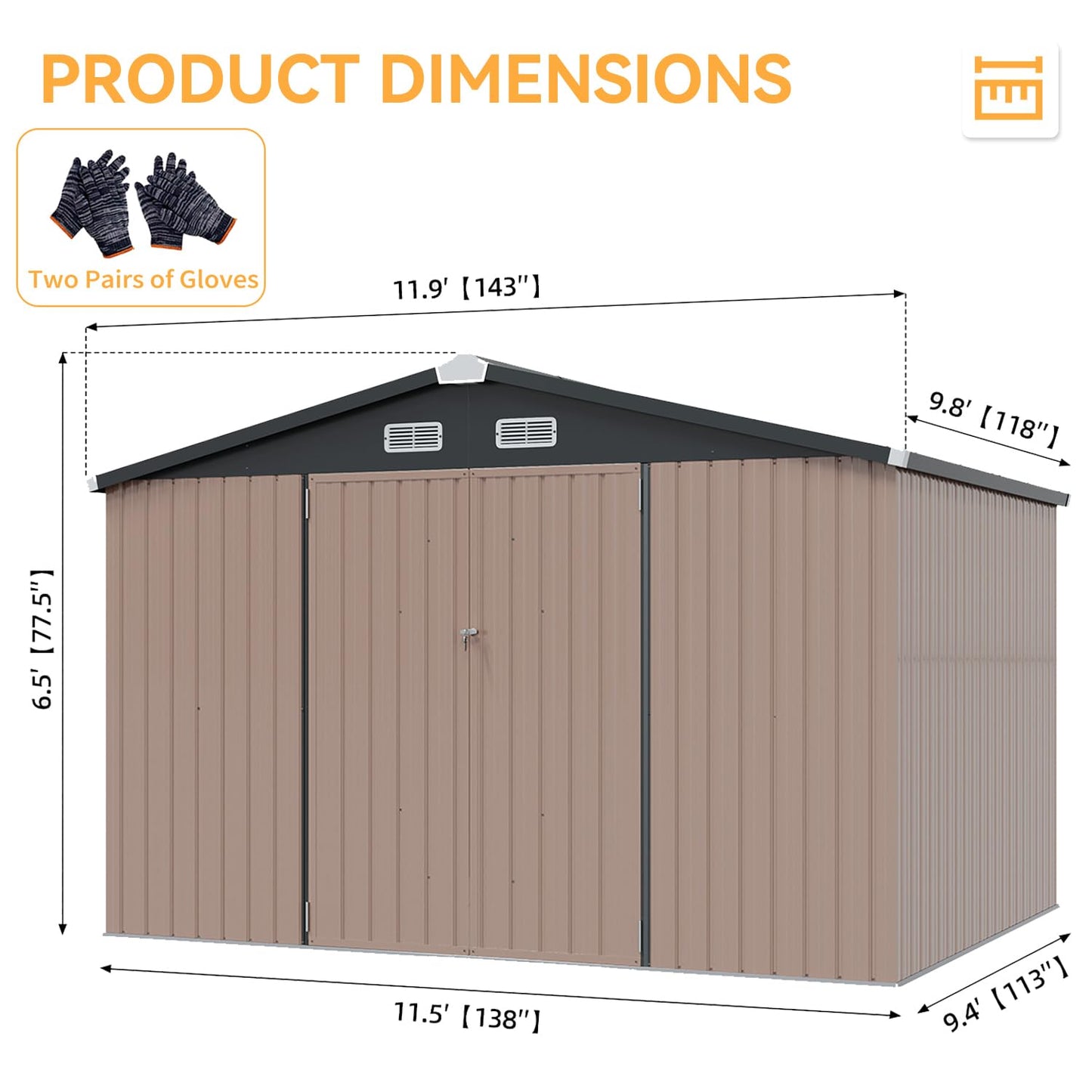 Aoxun 12x10 FT Shed Metal Outdoor Waterproof Storage Shed Steel Utility Garden Tool Shed with Door & Lock Outdoor Storage for Garden Patio Lawn Poolside, Brown