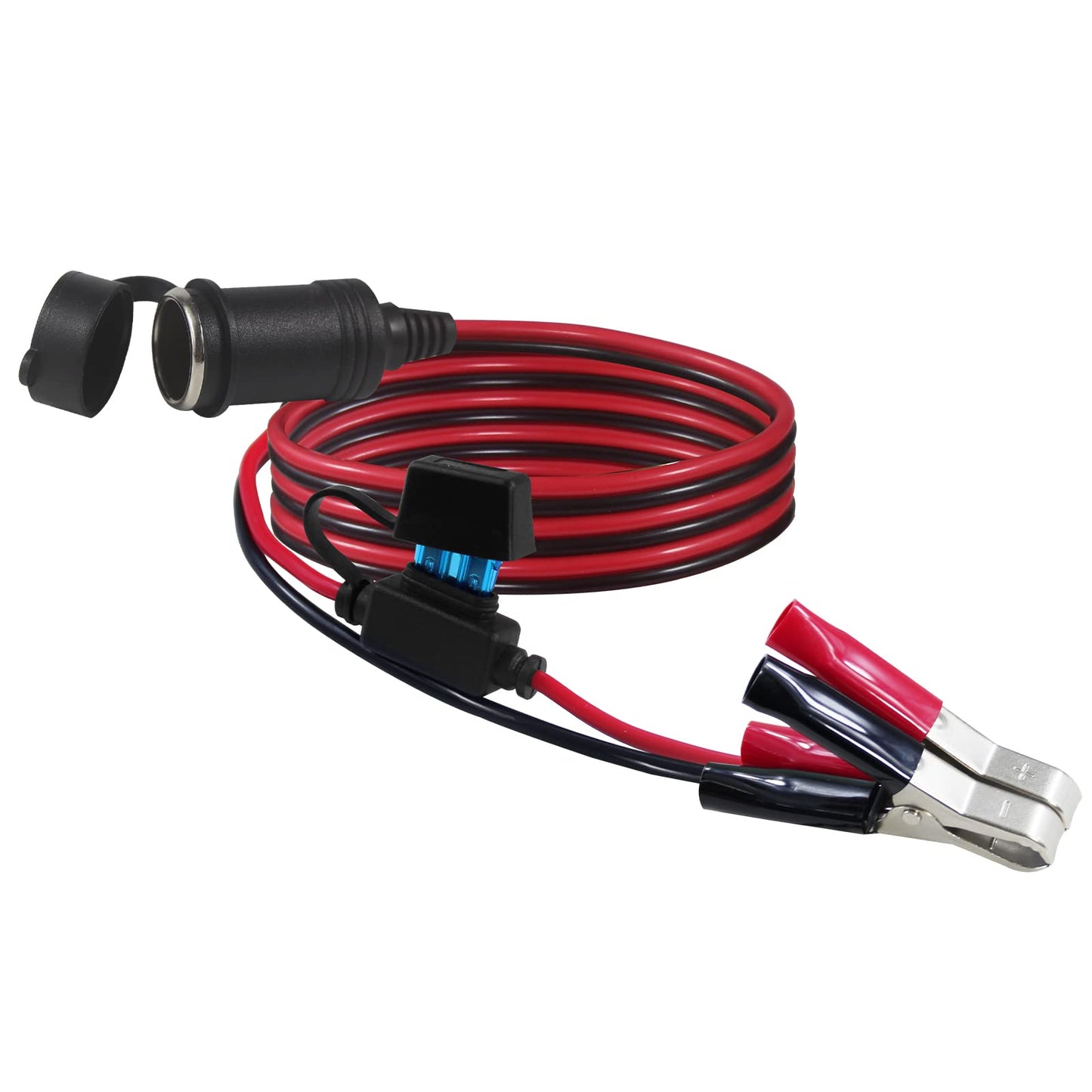 SPARKING 12FT 12V Female Car Socket Extension Cord with Battery Alligator Clips Car Battery Clip-on Extension Cable, 15A Fuse (12FT)