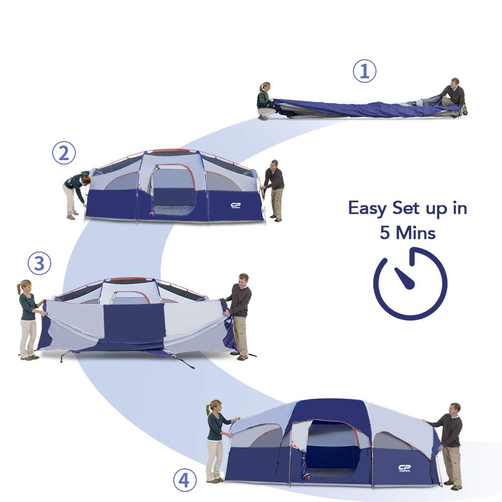 CAMPROS CP Tent 8 Person Camping Tents, Weather Resistant Family Tent, 5 Large Mesh Windows, Double Layer, Divided Curtain for Separated Room, Portable with Carry Bag