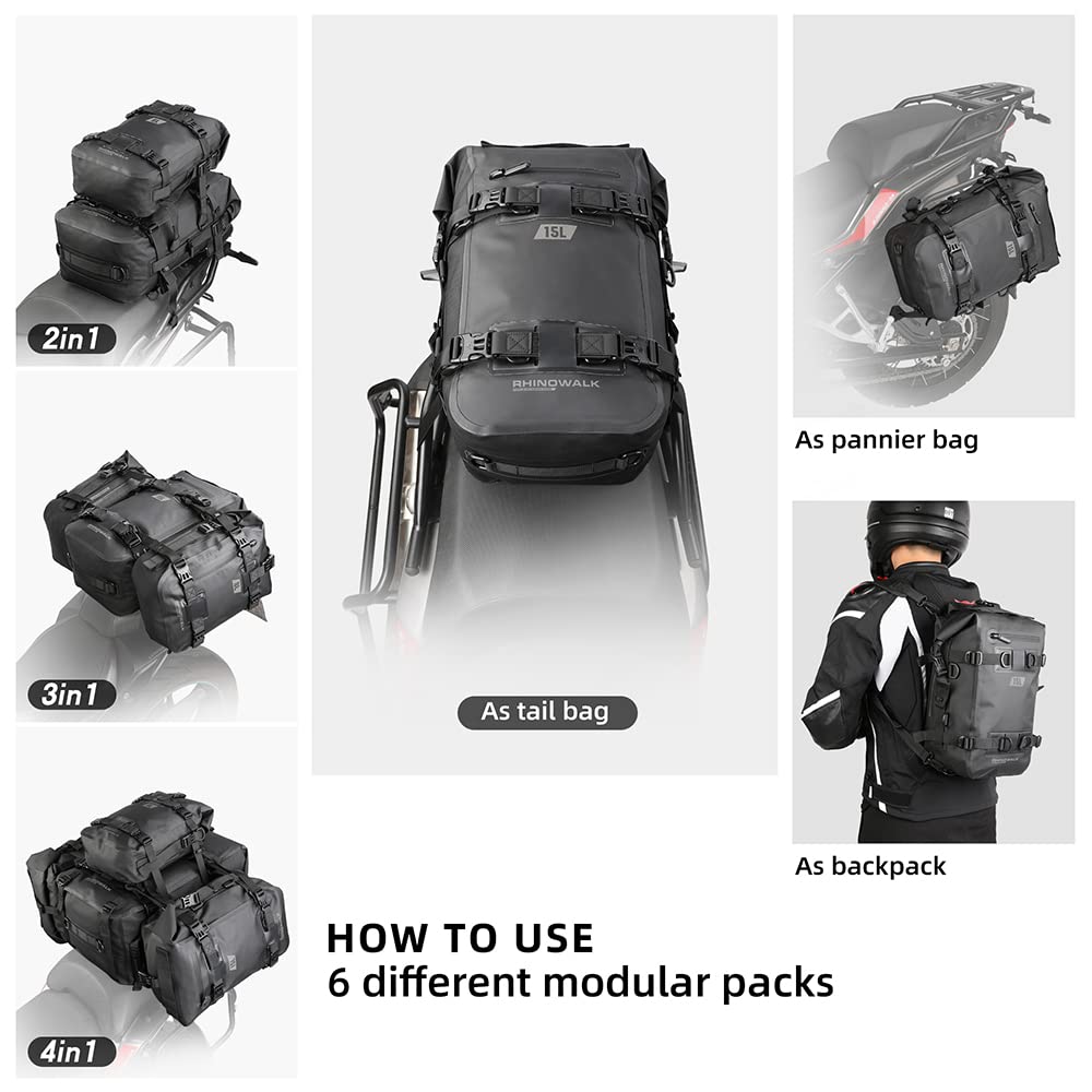Rhinowalk Motorcycle Tail Bag Motorbike Side Bag 8L Full Waterproof Motor Saddle Pannier Bag Rear Rack Trunk Professional Motor Accessories-Black