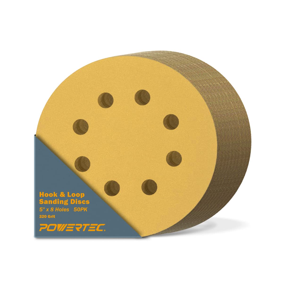 POWERTEC 50 PCS 220 Grit - 5 Inch 8 Hole Hook and Loop Sanding Discs, 5" Sanding Pads for Automotive, Drywall, Woodworking with Orbital Sander, Air, and DA Sander (44022G-50)
