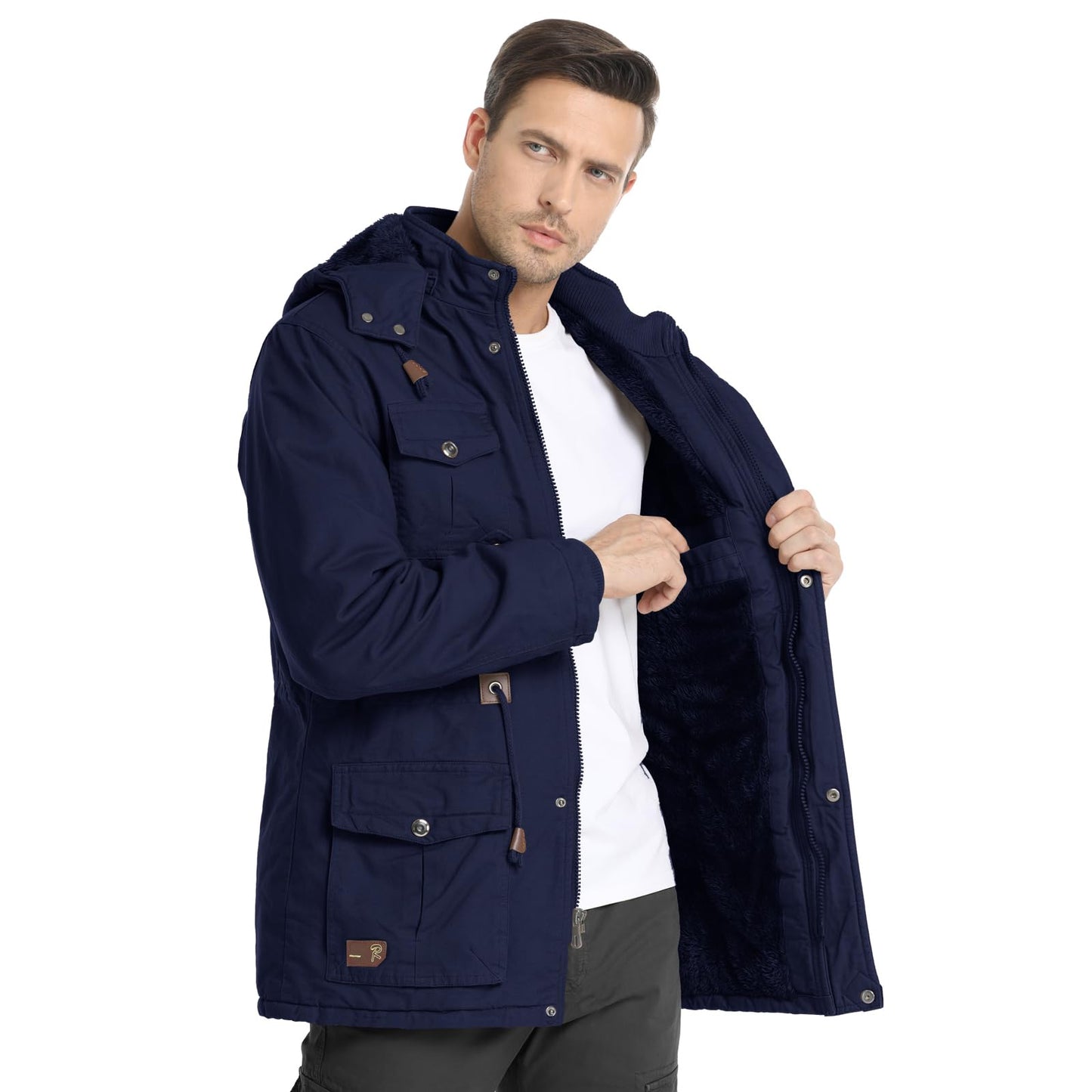 CHEXPEL Men's Thick Winter Jackets with Hood, Fleece Lining, Cotton Military Work Jackets with Cargo Pockets, Outwear