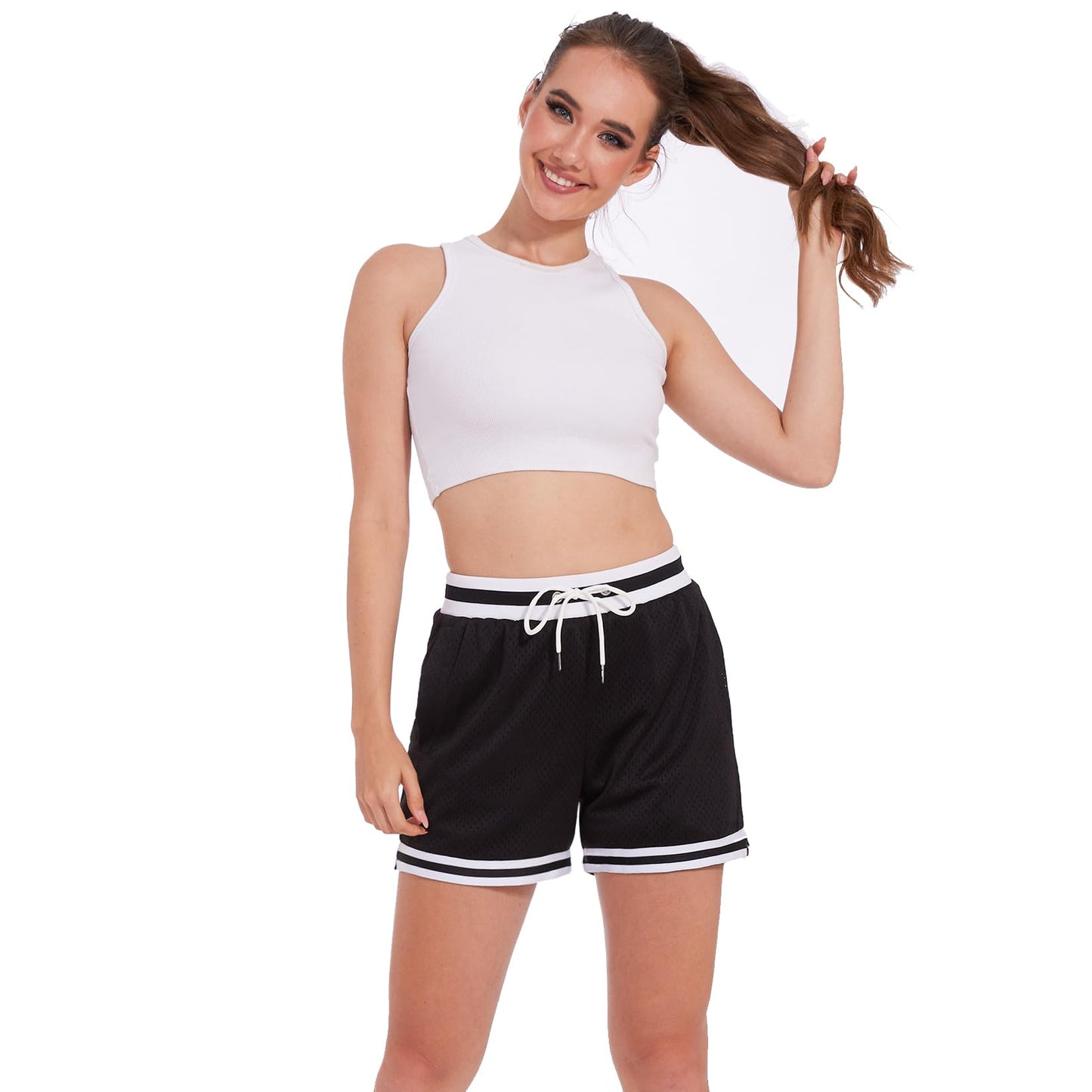 HEALONG Women Basketball Athletic Shorts: Double Mesh 5 Inch Inseam - Gym Sports Workout Jogger Drawstring Retro Fashion Soft Short with Pockets Black