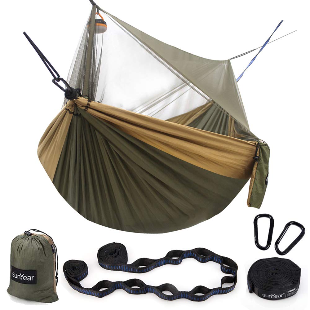 Sunyear Hammock Camping with Rain Fly Tarp and Net, Portable Camping Hammock Double Tree Hammock Outdoor Indoor Backpacking Travel & Survival, 2 Tree Straps,100% Waterproof