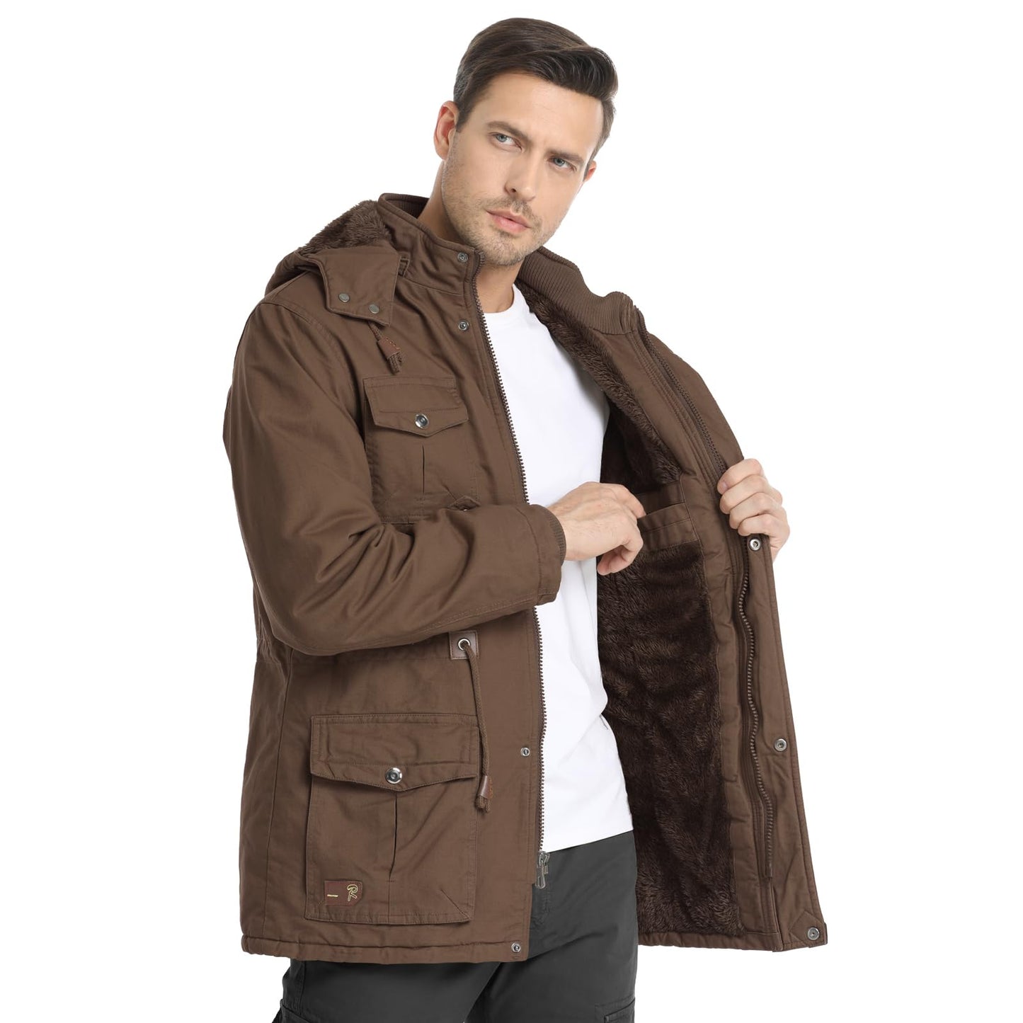 CHEXPEL Men's Thick Winter Jackets with Hood, Fleece Lining, Cotton Military Work Jackets with Cargo Pockets, Outwear
