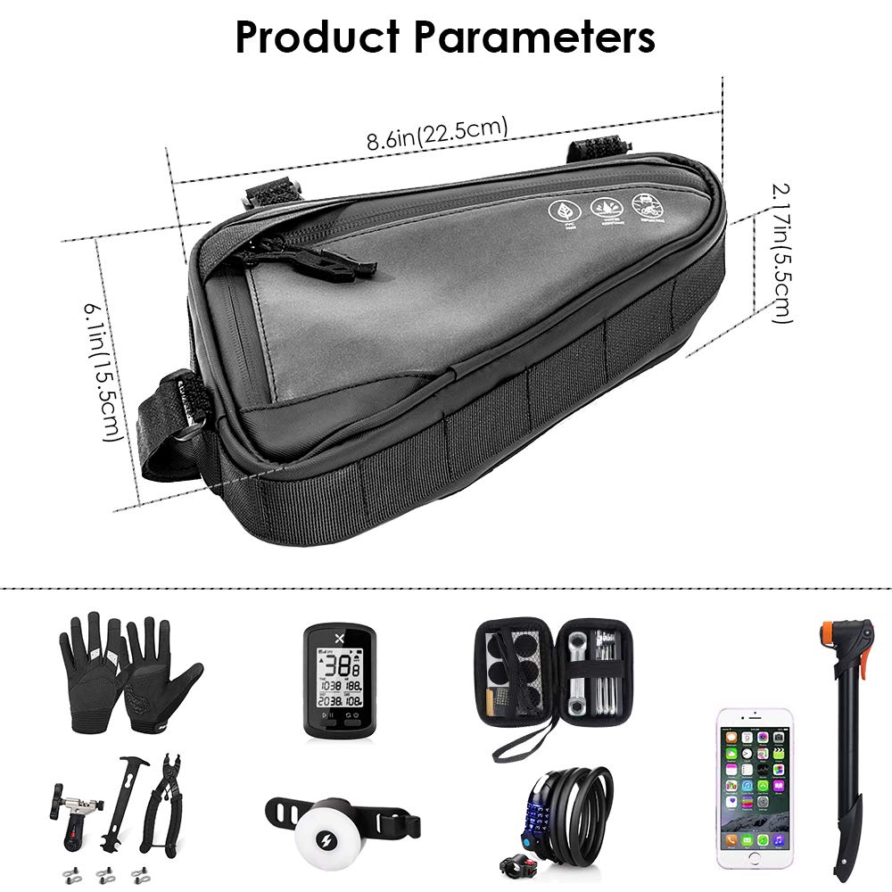 WOTOW Bike Frame Storage Bag, Water Resistant Reflective Bicycle Triangle Bag with Two Side Pockets, Strap-On Under Seat Tool Accessories Pouch for Mountain Road Bike Trip (2L)