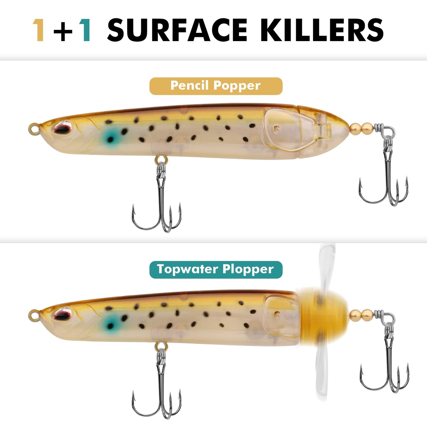 TRUSCEND PoPobait Plopper with BKK Hooks, Top Water Fishing Lures for Bass Walleye Pike Catfish Musky Perch, Floating Lure for Freshwater or Saltwater, Amazing Teasers Fishing Gifts for Family Fishing
