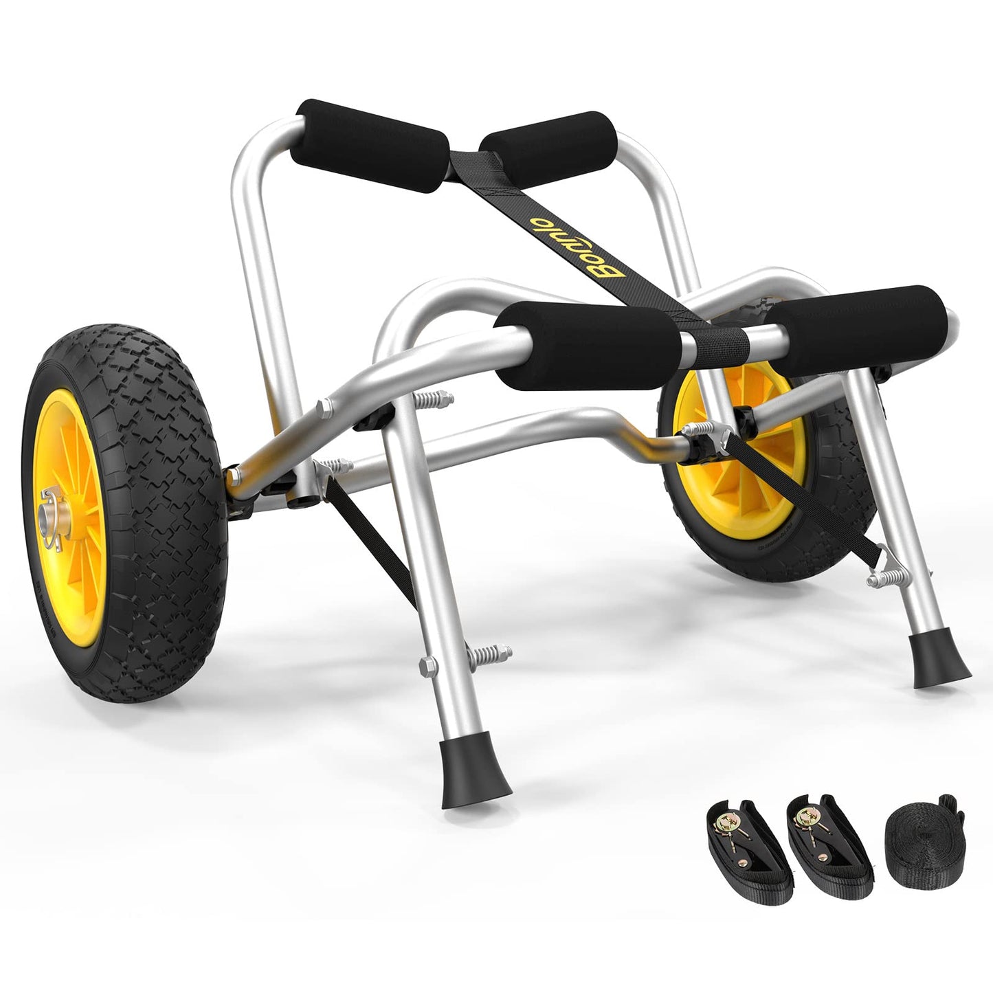 Bonnlo Kayak Cart Canoe Dolly Fishing Kayak Accessories Carrier Foldable Paddle Board Trolley Boat Trailer Transport with NO-Flat Airless Tires Wheels and 2 Ratchet Straps
