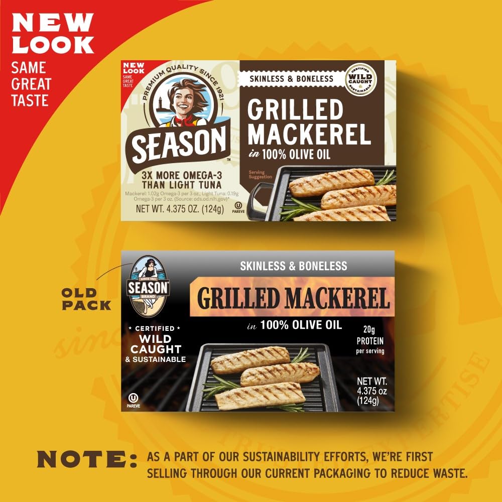Season Mackerel in Water - Skinless & Boneless, No Salt Added, Wild Caught, Keto Snacks, Canned Mackerel Fillets, Full of Vitamins, Low in Mercury, Kosher, Non-GMO, 20g of Protein - 4.37 Oz, 12-Pack