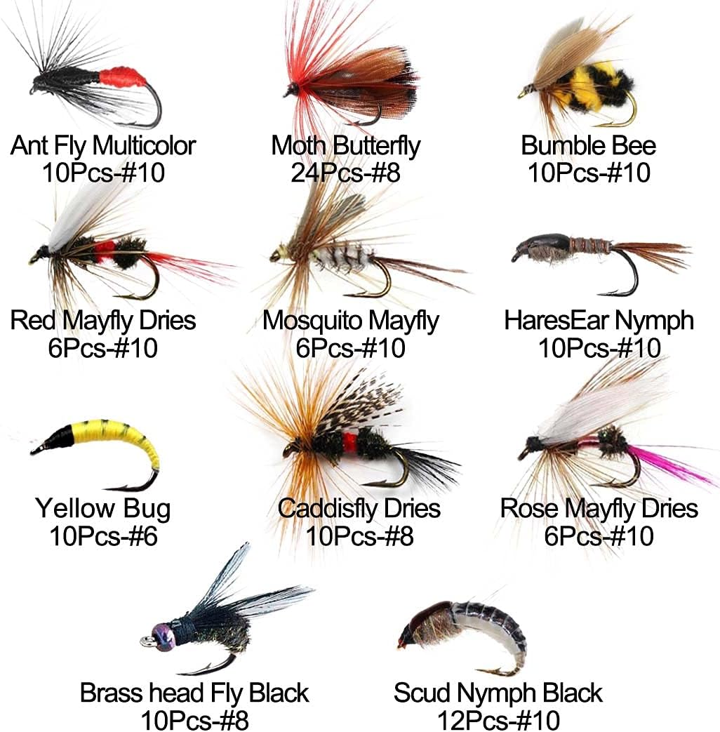 Fly Fishing Flies Kit, 50/114Pcs Handmade Fly Fishing Gear with Dry/Wet Flies, Streamers, Fly Assortment Trout Bass Fishing with Fly Box (114Pcs/Set-11 Mixed Styles)