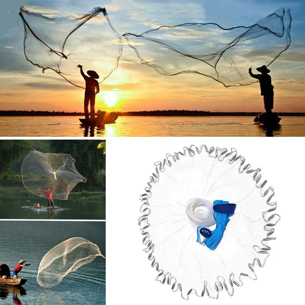 Yeahmart American Saltwater Fishing Cast Net for Bait Trap Fish 3ft/4ft/5ft/6ft/7ft/8ft/9ft/10ft Radius Casting Nets with Heavy Duty Real Zinc Sinker Weights, 3/8inch Mesh Size