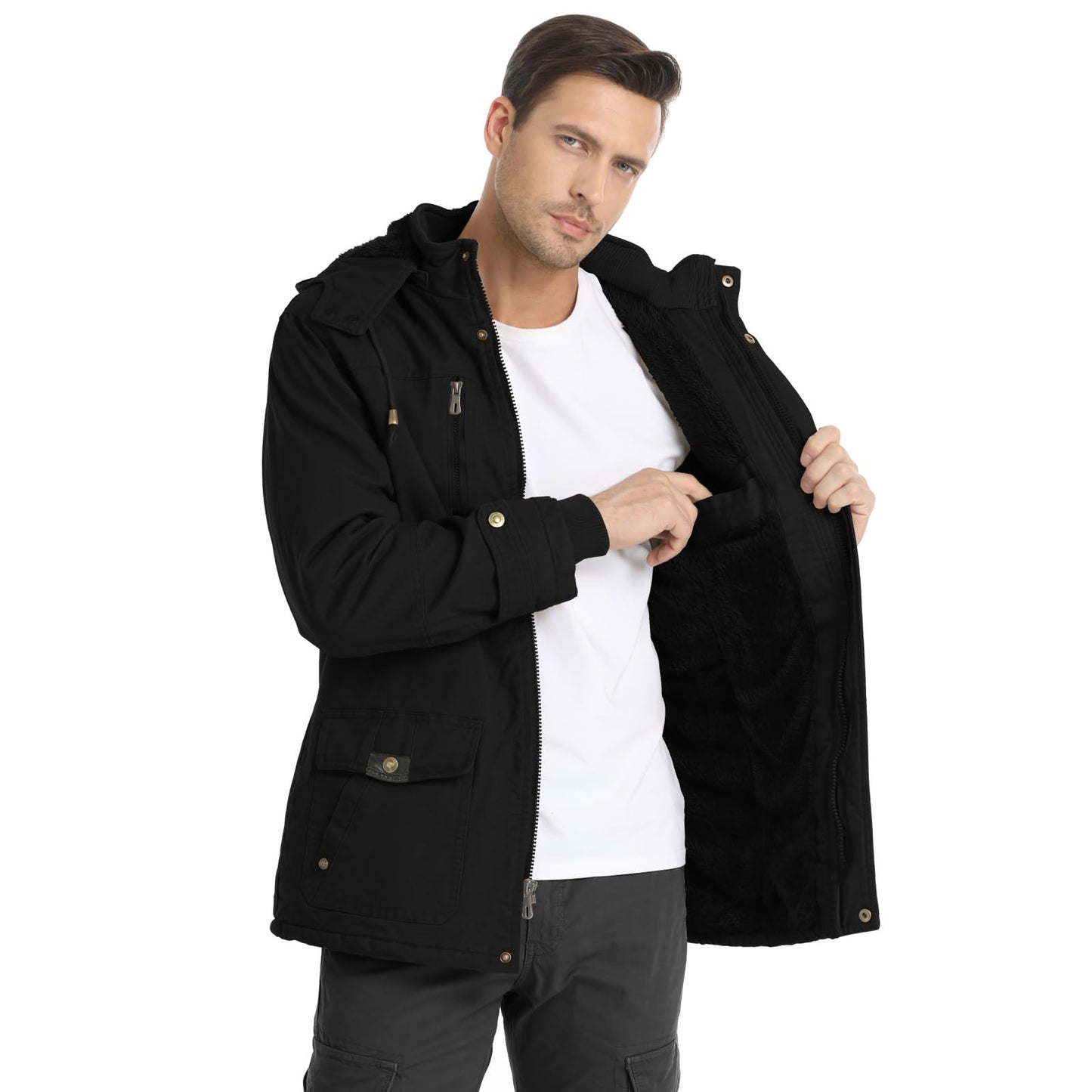 CHEXPEL Men's Thick Winter Jackets with Hood, Fleece Lining, Cotton Military Work Jackets with Cargo Pockets, Outwear