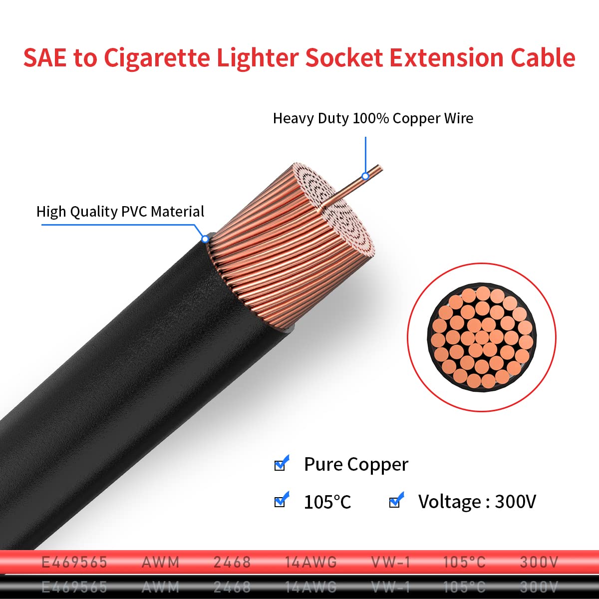 14AWG Cigarette Lighter Extension Cord 12V Cigarette Lighter Male Plug to Female Socket Extension Cable for Air Compressor Tire Inflators(10FT)