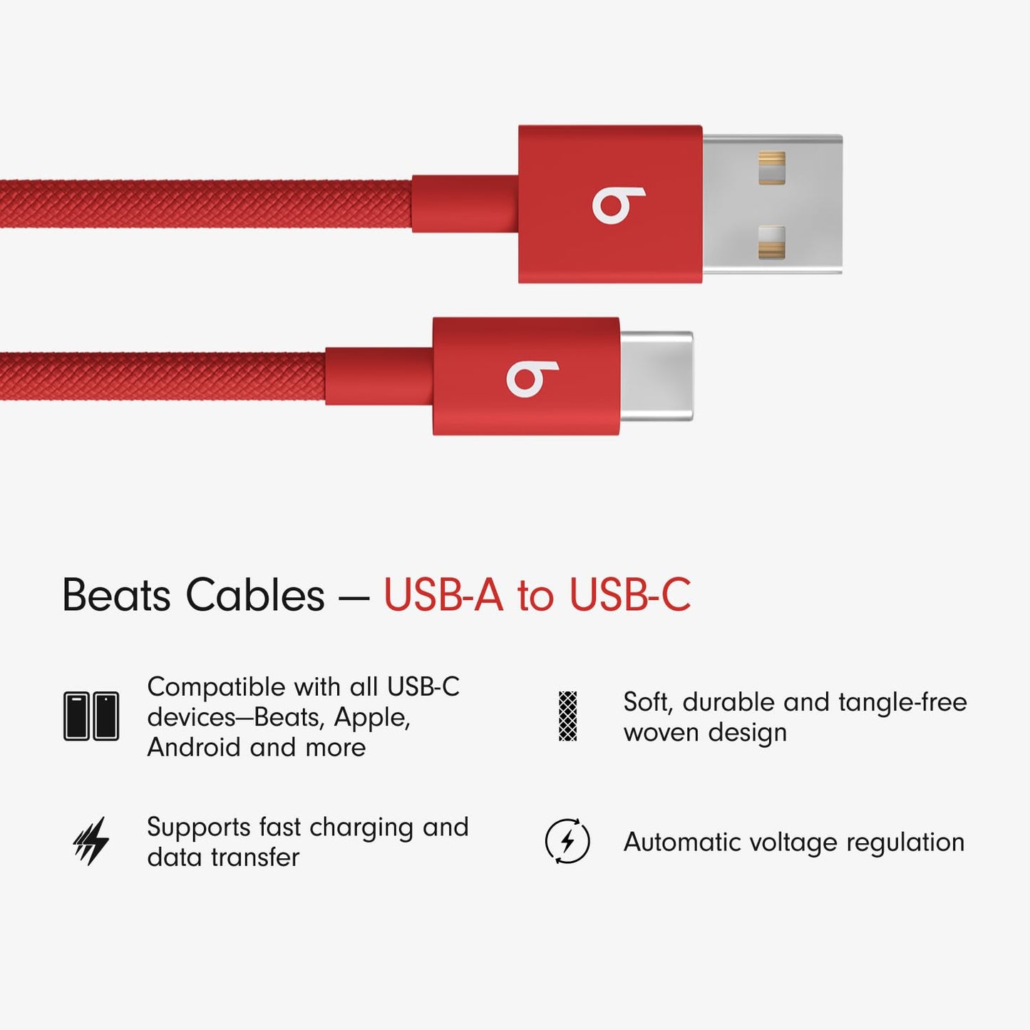 Beats USB-A to USB-C Woven Cable Fast Charging Durable and Tangle-Free Design Compatible Charger for Apple & Android Devices (1.5 m, 5 ft) - Rapid Red
