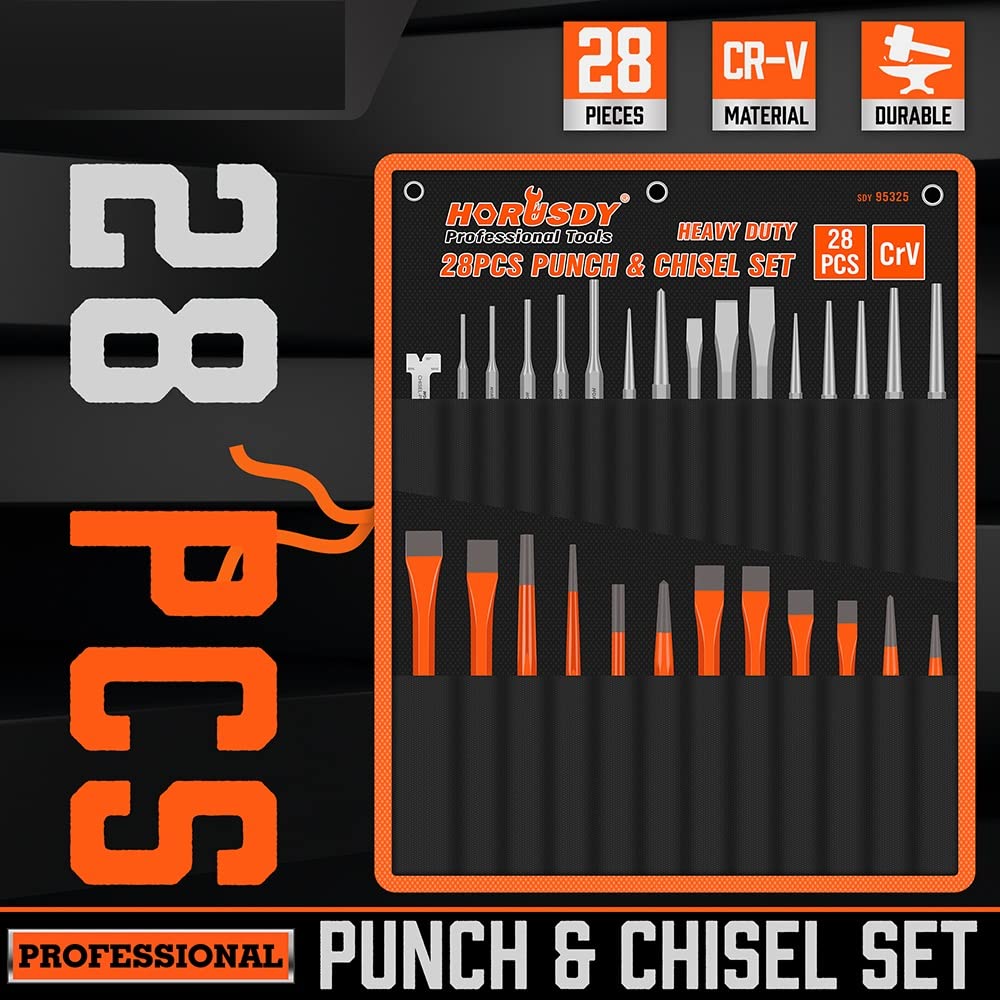 HORUSDY 16-Piece Punch and Chisel Set, Including Taper Punch, Cold Chisels, Pin Punch, Center Punch