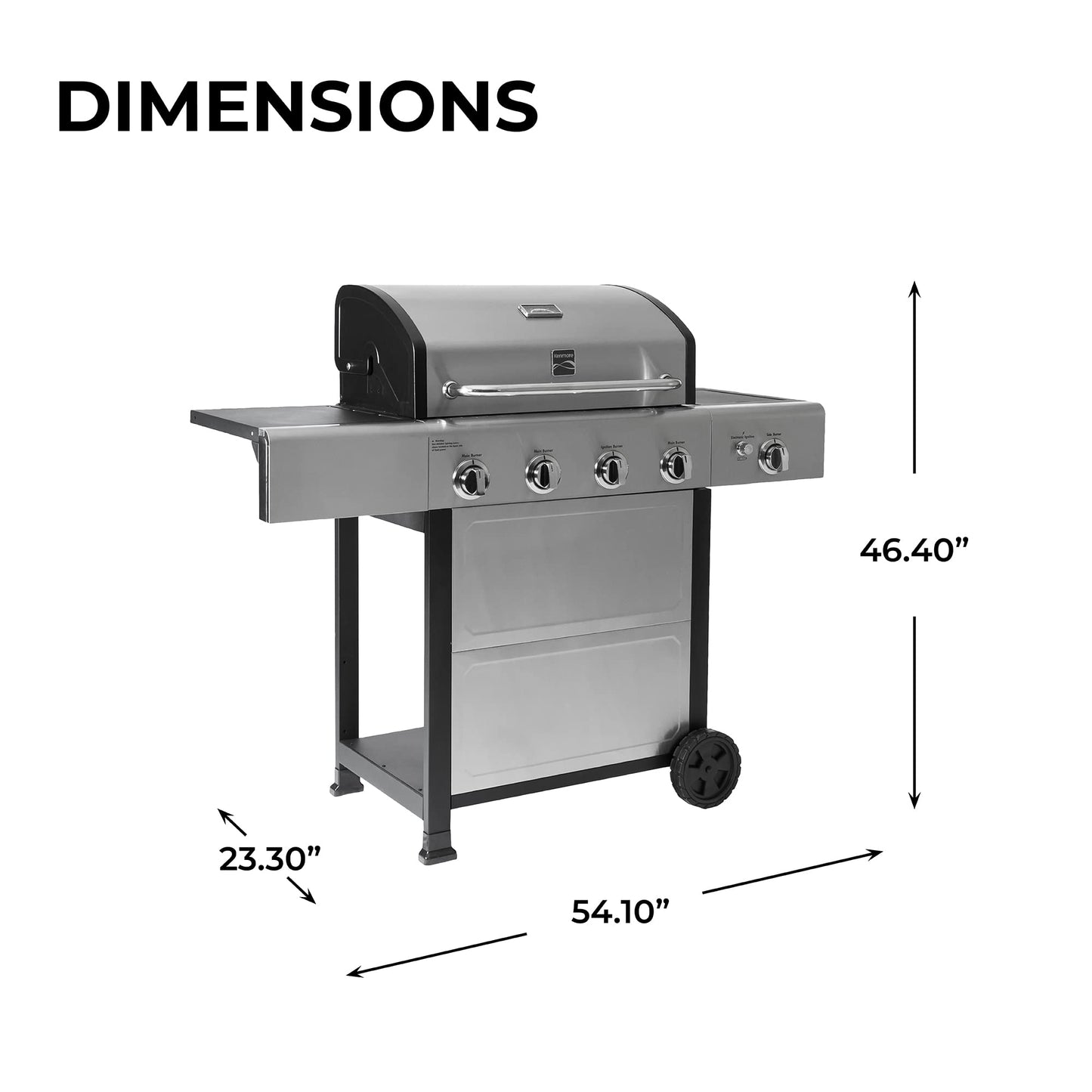 Kenmore 4-Burner Gas Grill with Side Burner, Outdoor BBQ Grill, Propane Gas Grill, Cast Iron Cooking Grates, Electronic Ignition, Warming Rack, Open Cart Design, 53000 BTUs, Stainless Steel and Black
