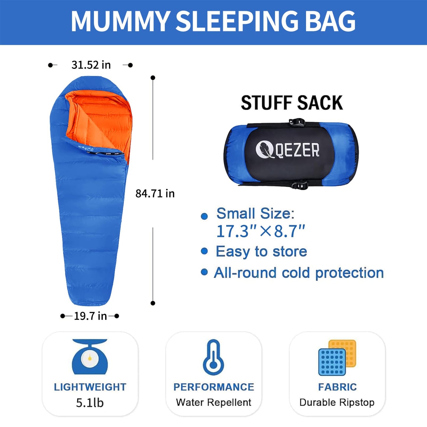 Down Sleeping Bag for Adults 0°F 10°F 15°F 20°F Backpacking Sleeping Bag for Cold Weather with Compression Sack