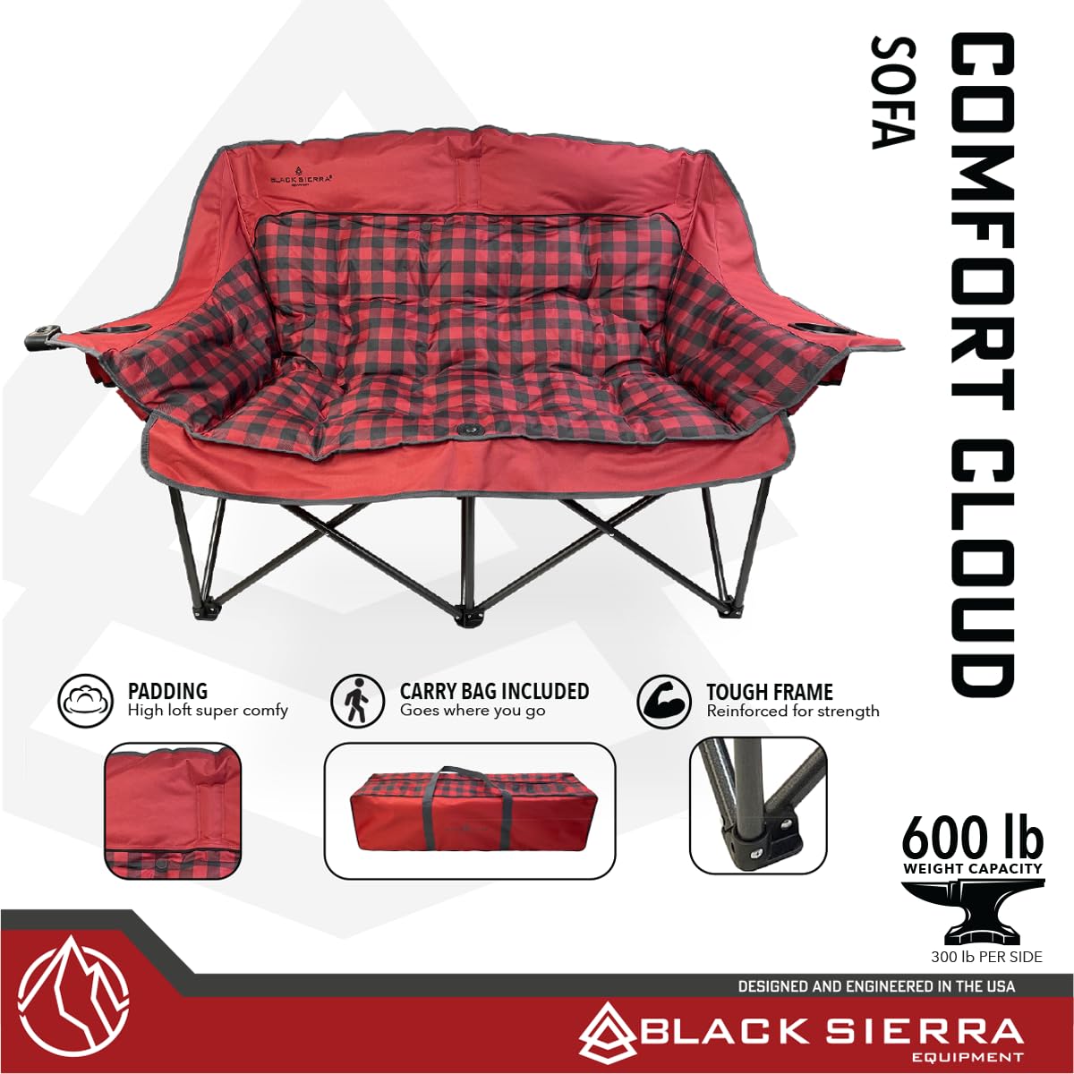 Black Sierra Oversized Plush Padded Camping Sofa, Portable Outdoor Loveseat Supports 500 Lbs, XL Foldup Couch w/Dual Cupholders and Carry Bag, Great for Beach, Camping, RV, Patio