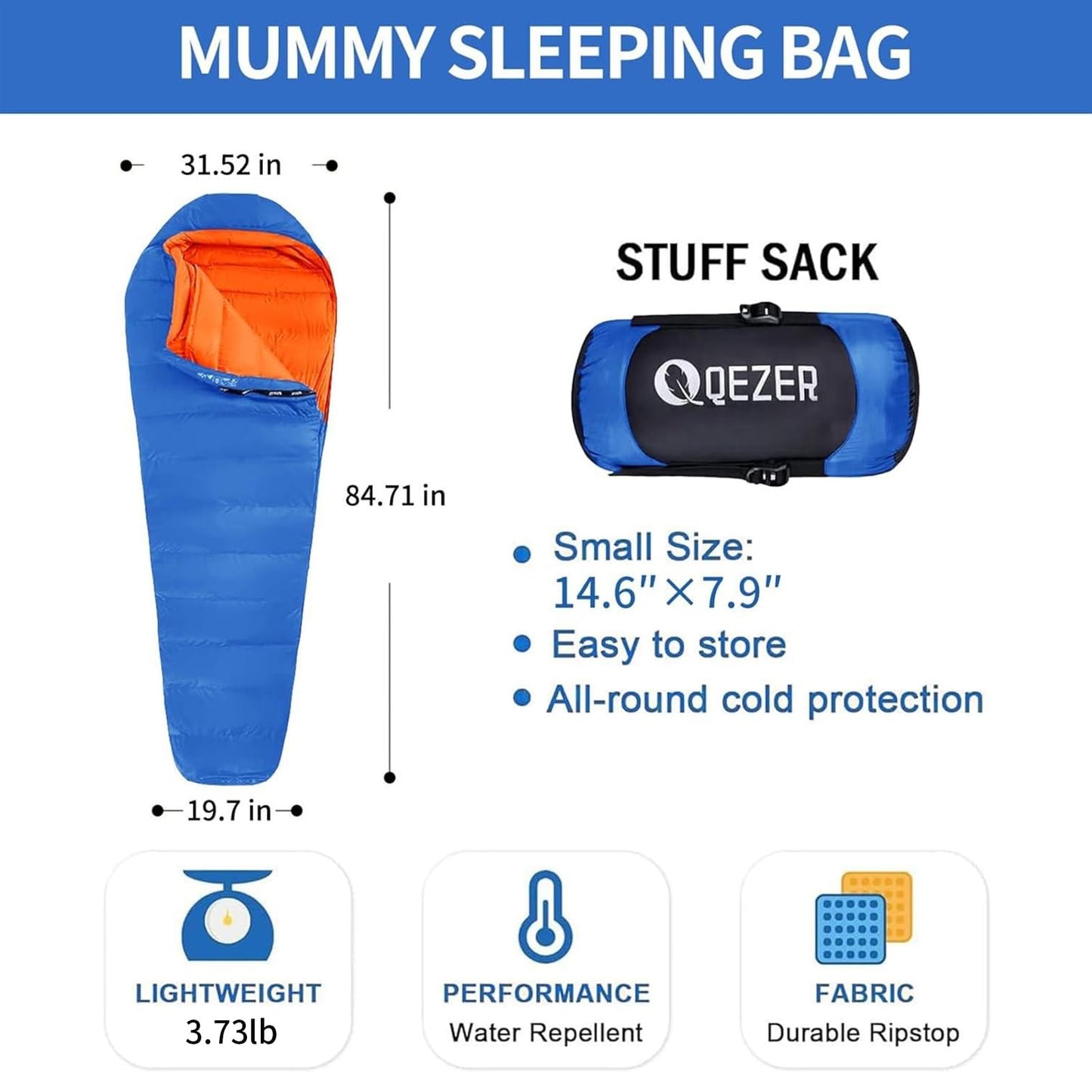 Down Sleeping Bag for Adults 0°F 10°F 15°F 20°F Backpacking Sleeping Bag for Cold Weather with Compression Sack