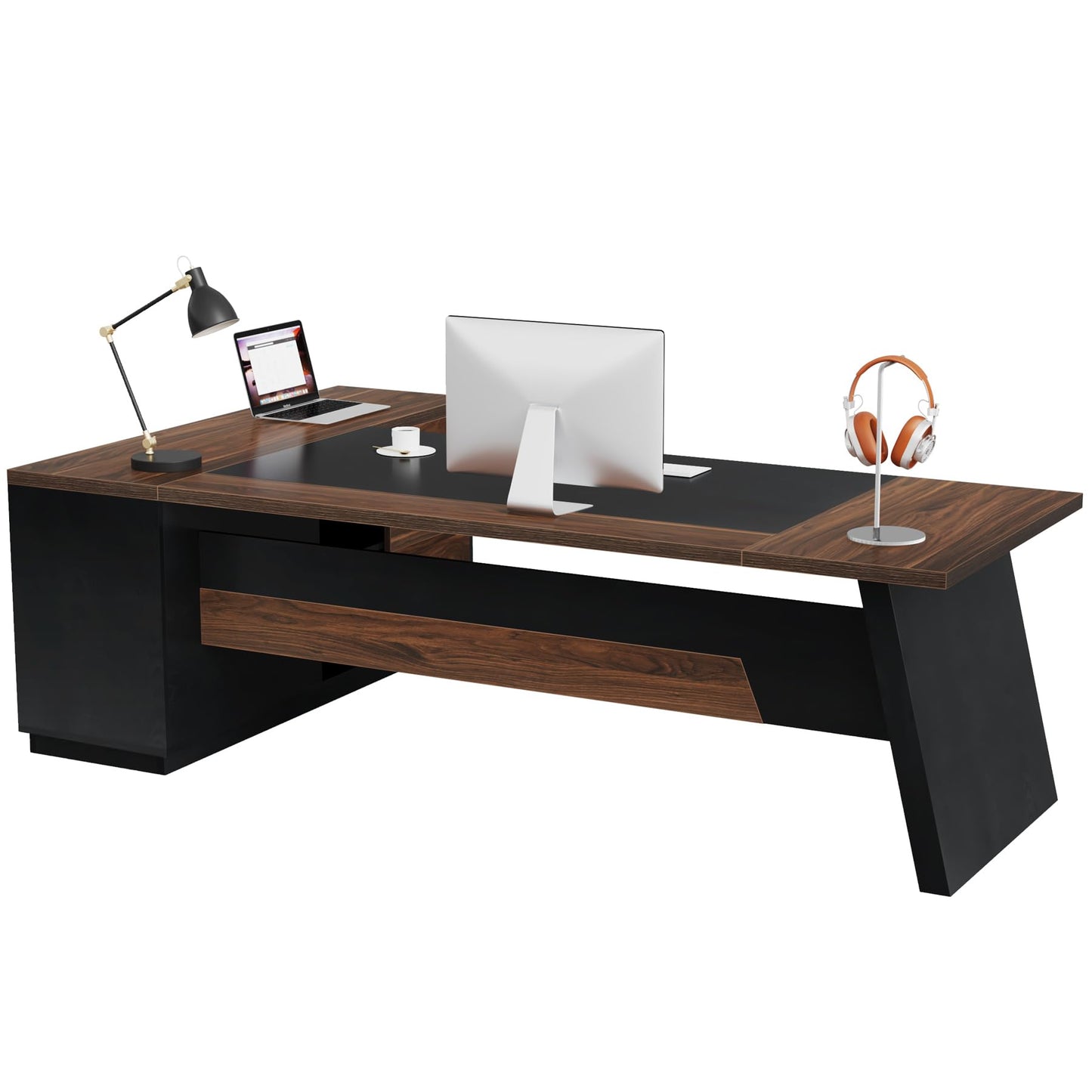 Tribesigns 78" L-Shaped Executive Desk, Large Office Desk with Drawers and Lateral File Cabinet, Business Furniture with Storage Shelves, Modern Computer Desk for Home Office, Walnut & Black