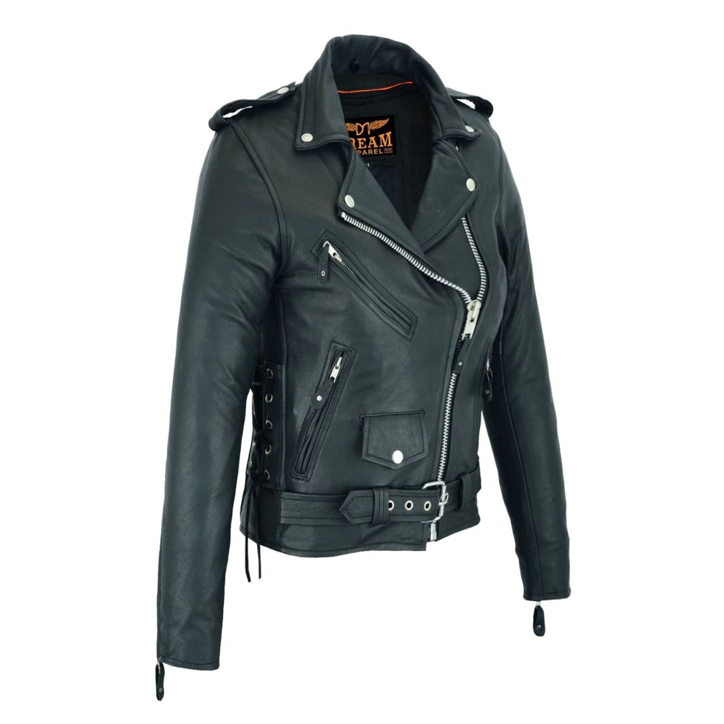 Dream Apparel Women’s Classic Leather Motorcycle Jacket with Zip Out Lining, Biker Jacket for Ladies with Side Laces, Black