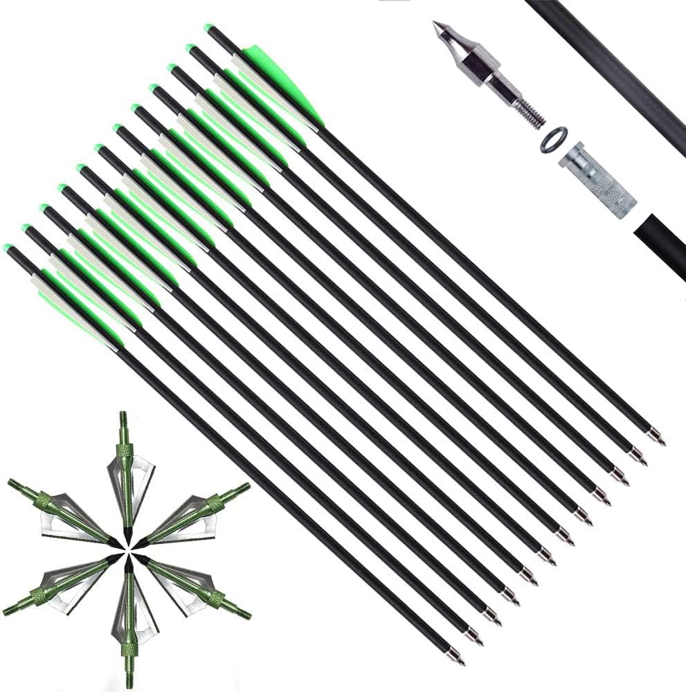 IRQ 20 Inch Crossbow Bolts and Crossbow Broadheads Set, Carbon Crossbow Arrows for Hunting and Outdoor Practice, 12 Green Arrows, 6 Broadheads(18 Pack)