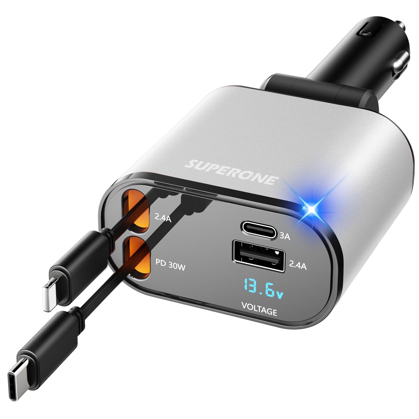 【Upgraded】 SUPERONE Retractable Car Charger 4 in 1, Fast Car Phone Charger with Cord 2.6ft, USB C and Apple Car Adapter, Compatible with iPhone 16 15/15 Pro Max/14/13/12/11, Galaxy, Pixel
