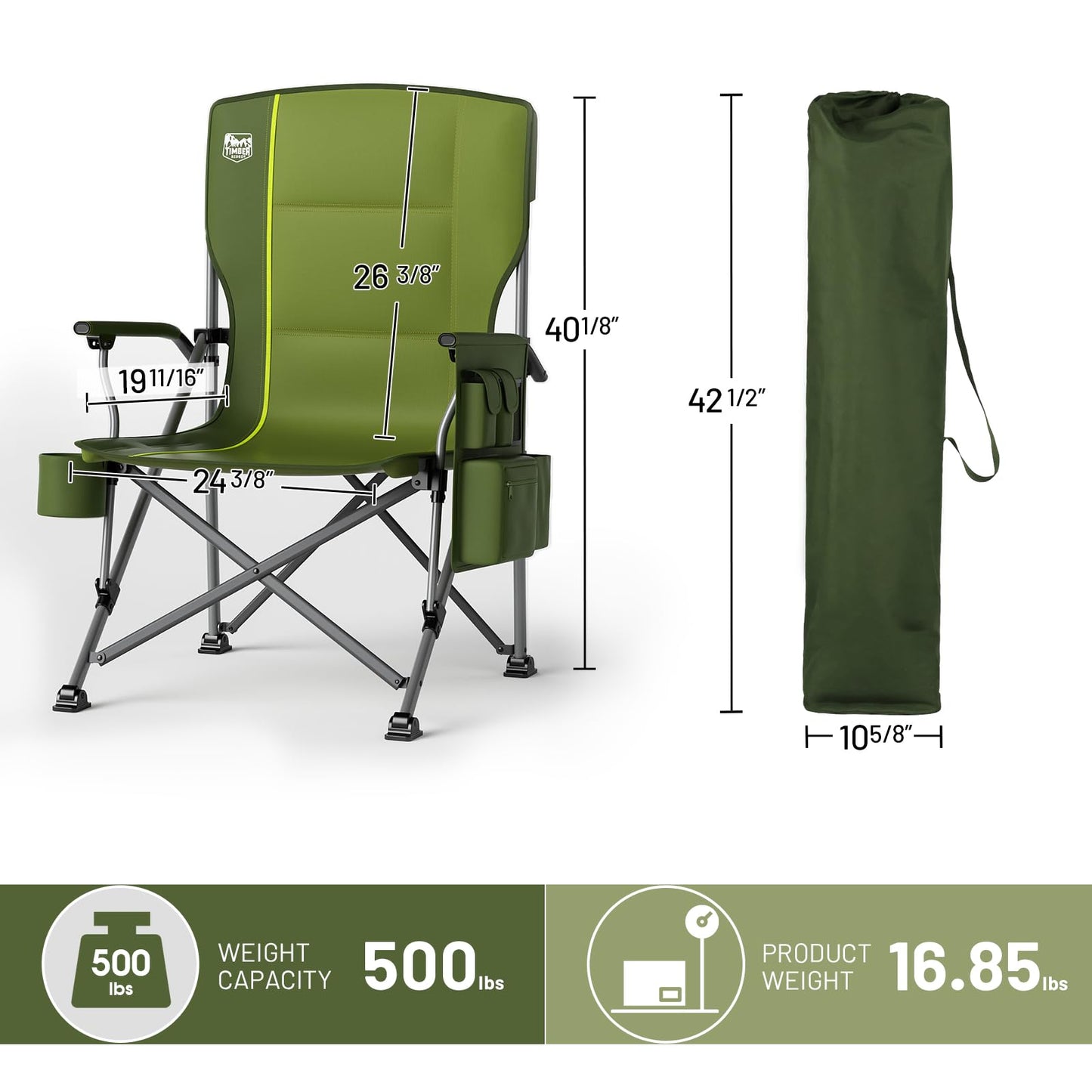 TIMBER RIDGE Oversized Folding Camping Chair High Back Heavy Duty for Adults Support up to 500lbs with Cup Holder, Side Pocket Cooler Bag