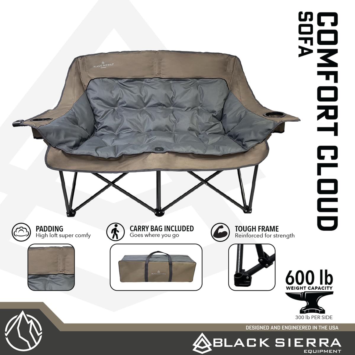 Black Sierra Oversized Plush Padded Camping Sofa, Portable Outdoor Loveseat Supports 500 Lbs, XL Foldup Couch w/Dual Cupholders and Carry Bag, Great for Beach, Camping, RV, Patio