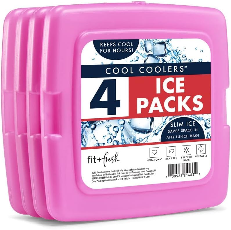 Cool Coolers by Fit & Fresh 4 Pack Slim Ice Packs, Quick Freeze Space Saving Reusable Ice Packs for Lunch Boxes or Coolers, Multi Colored